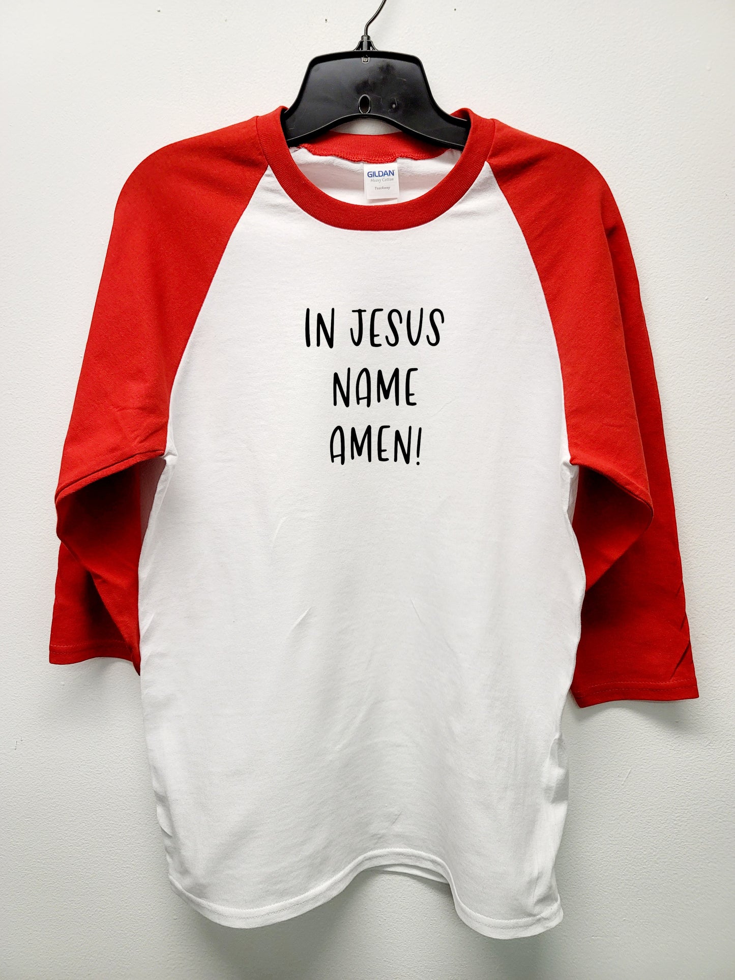 In Jesus name Amen shirt with red raglan sleeve