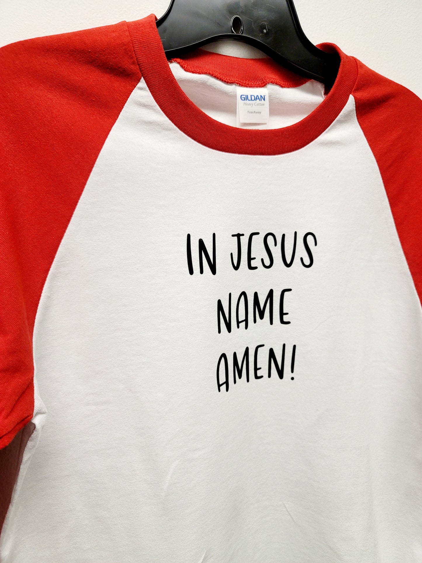 In Jesus name Amen shirt with red raglan sleeve