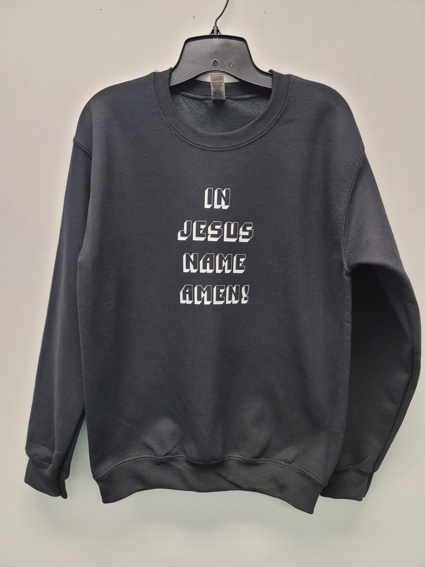 In Jesus name crew neck sweater with block letters