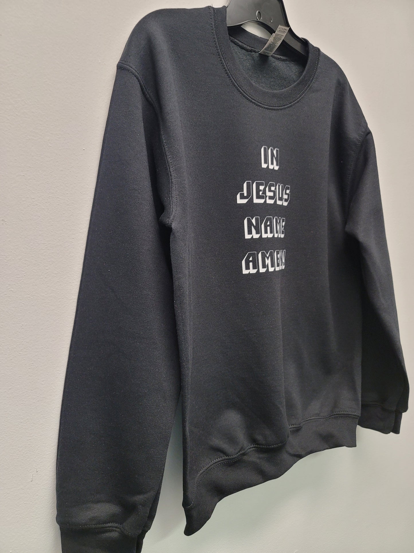 In Jesus name crew neck sweater with block letters