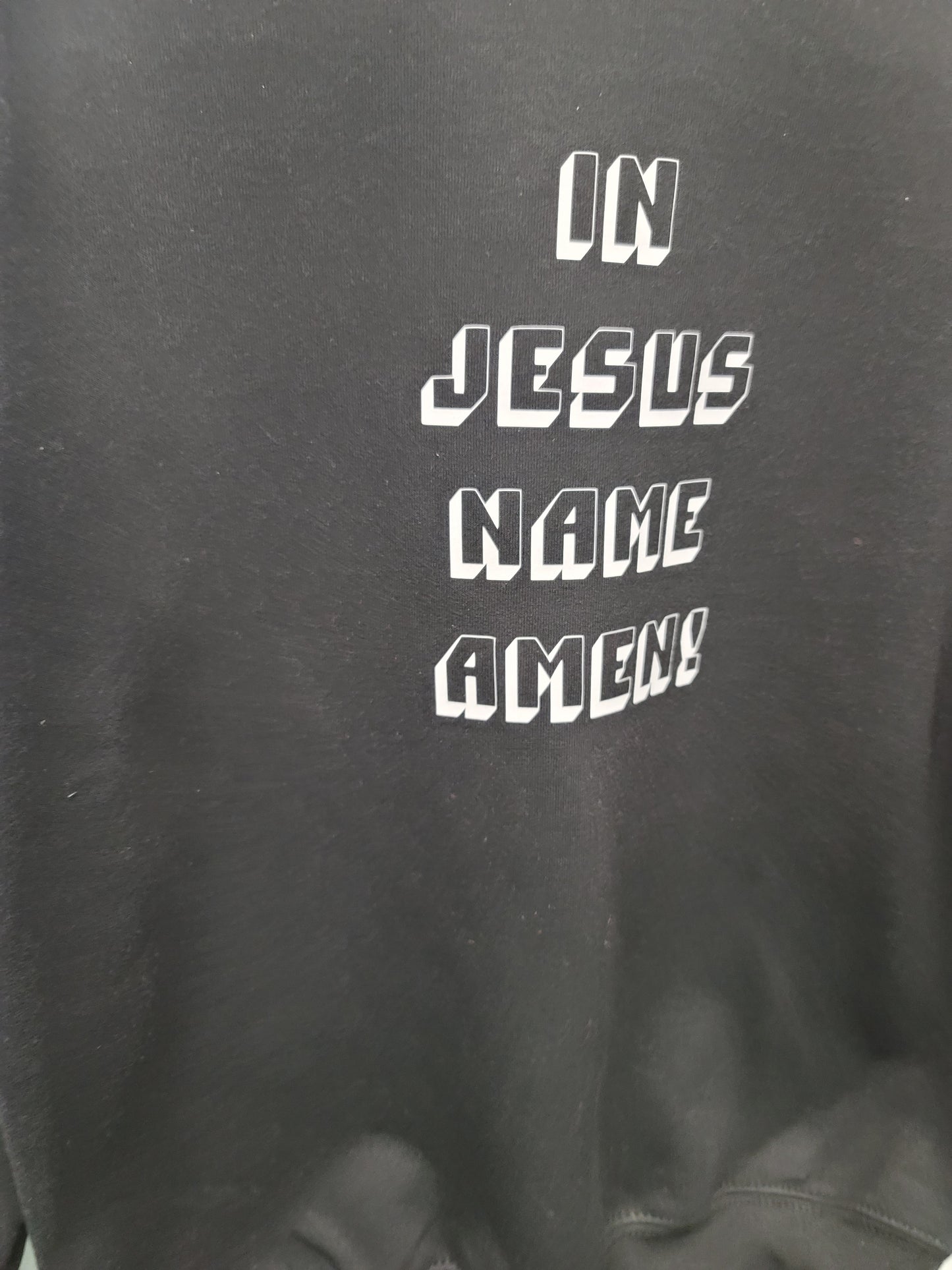 In Jesus name crew neck sweater with block letters