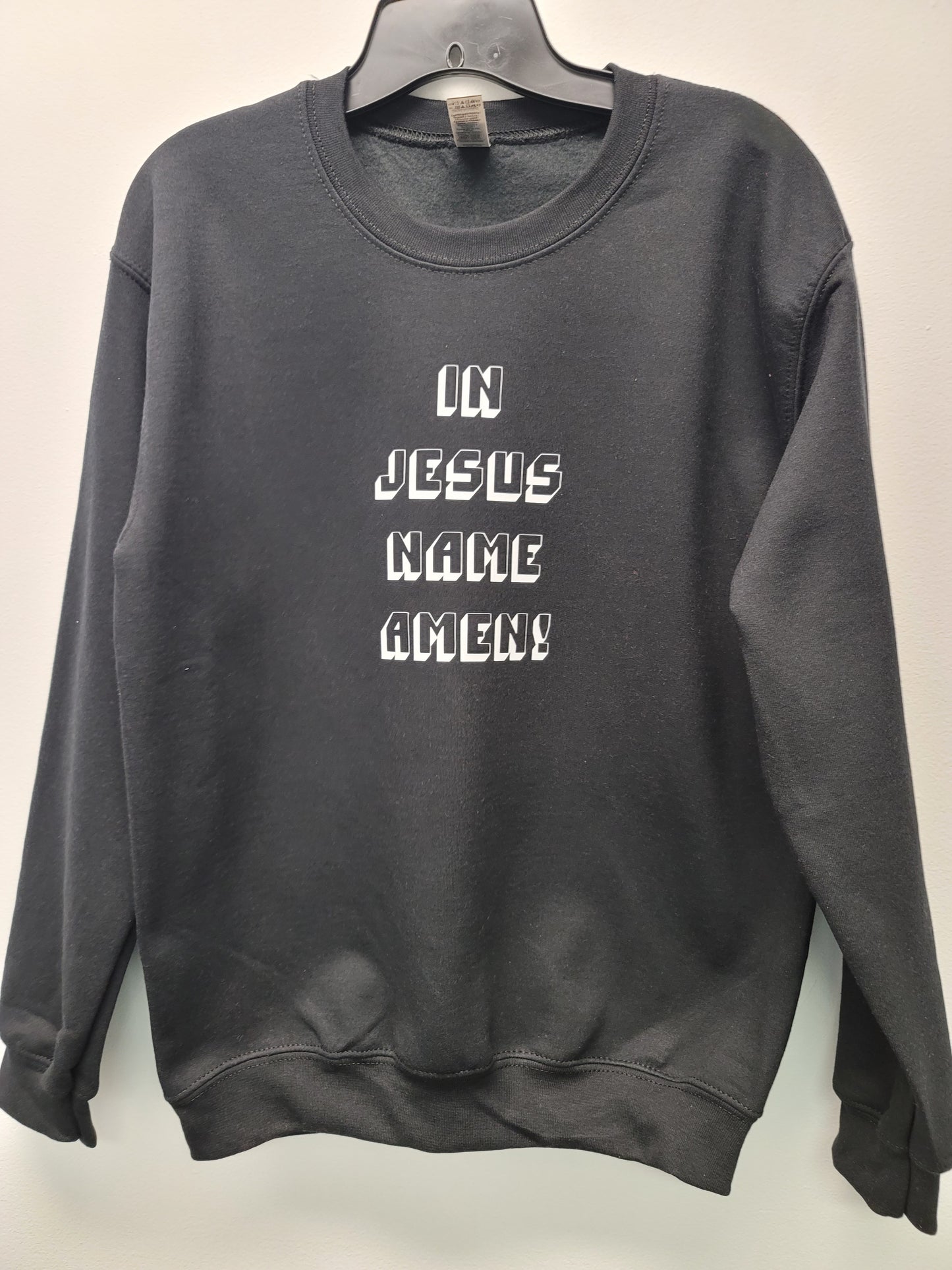 In Jesus name crew neck sweater with block letters