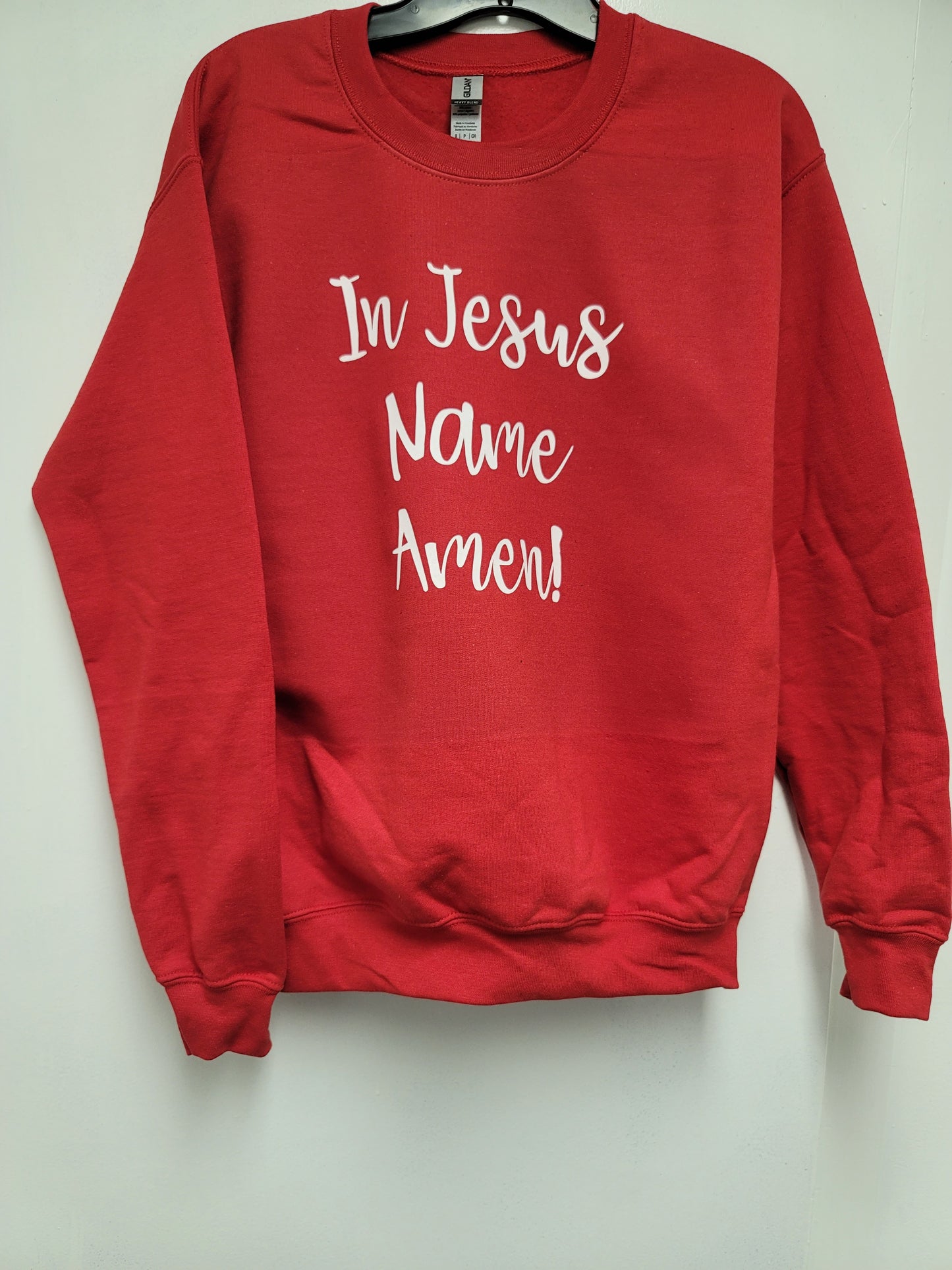 In Jesus Name Crew Sweater with White Letters