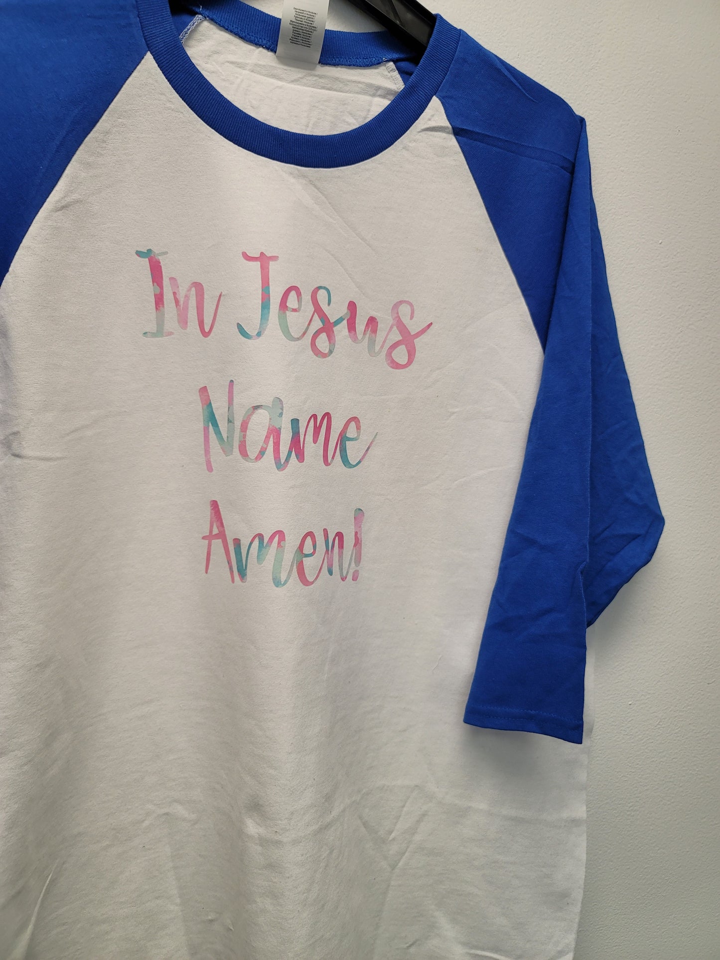 In Jesus name Amen Tee with blue sleeves size Large