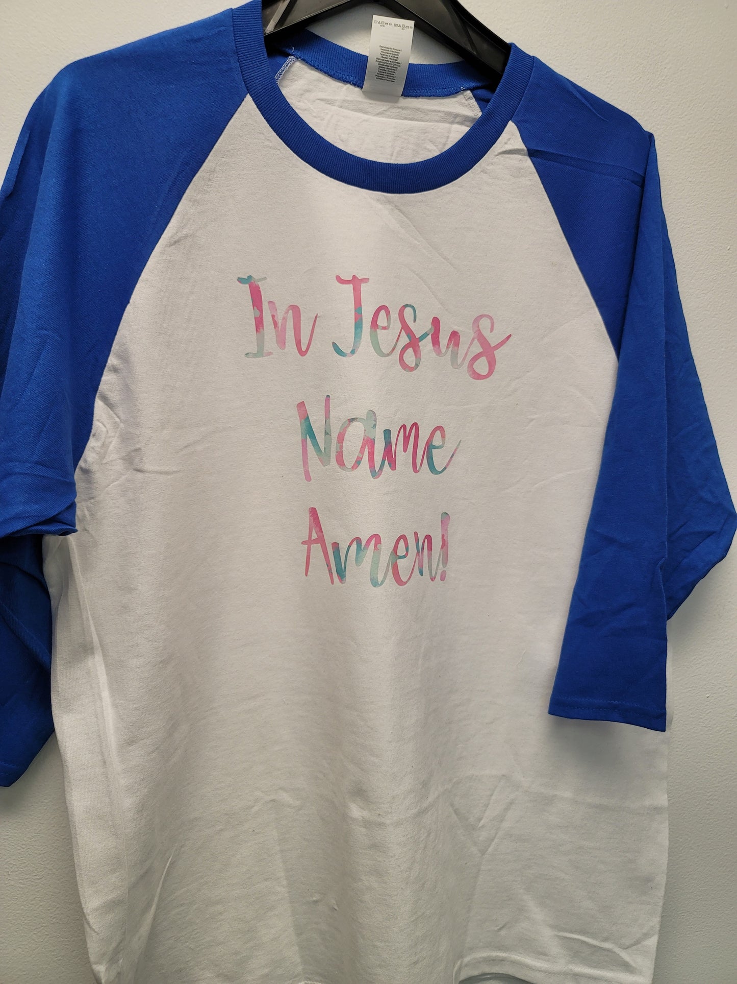 In Jesus name Amen Tee with blue sleeves size Large