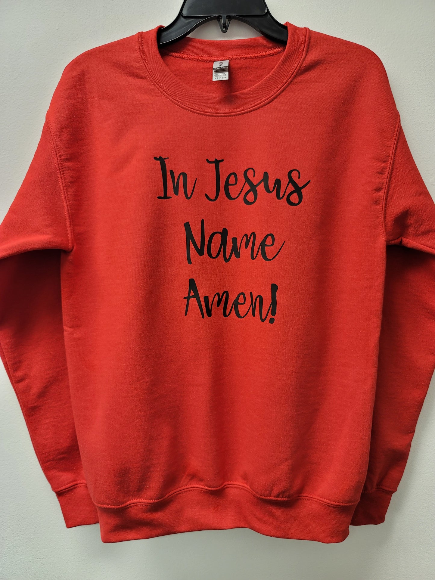 In Jesus Name Amen Red Crew neck black letters