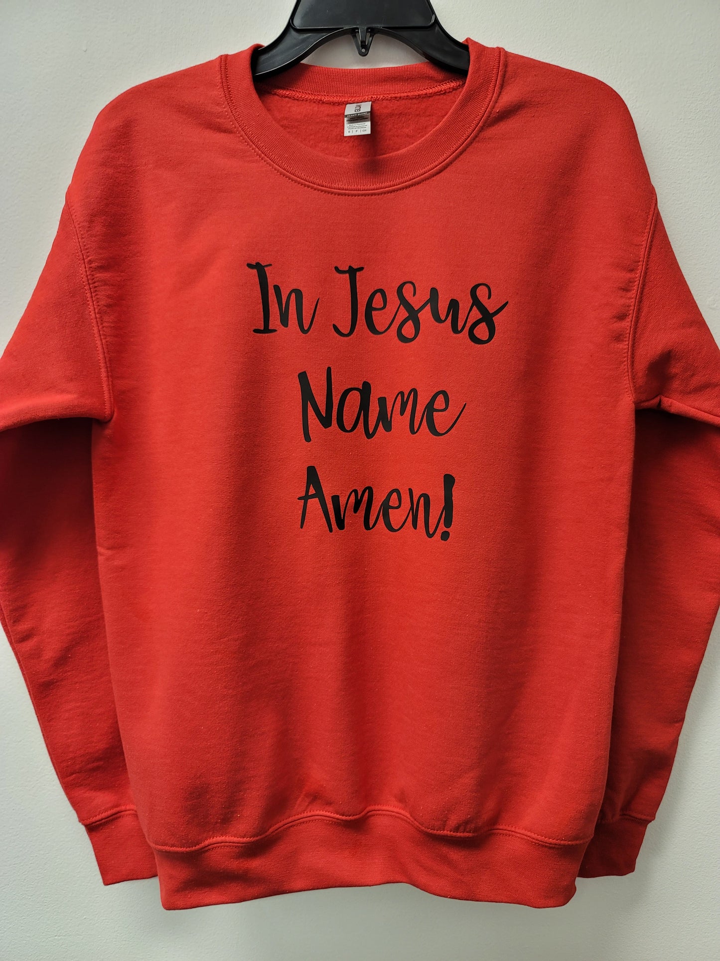 In Jesus Name Amen Red Crew neck black letters
