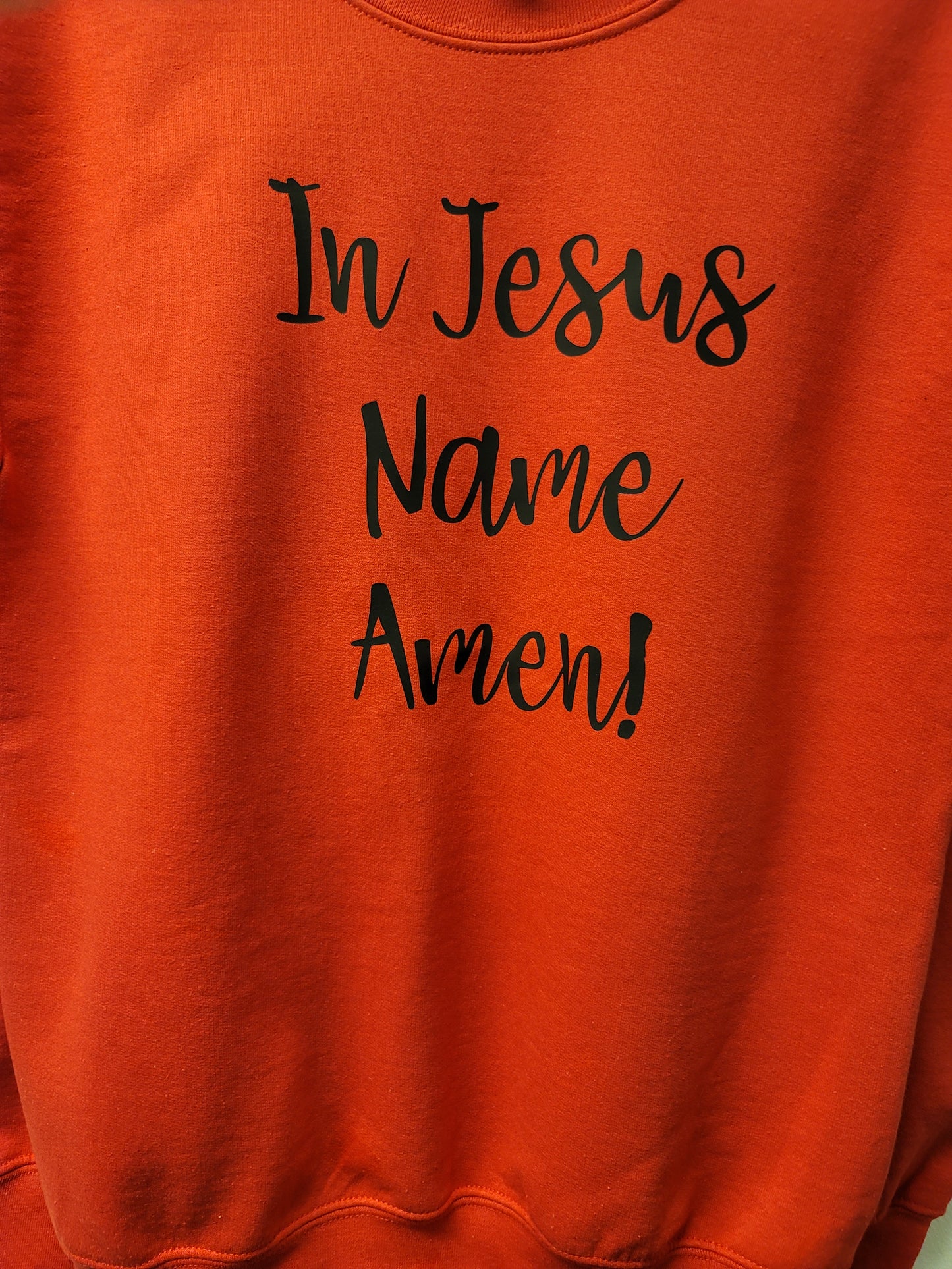In Jesus Name Amen Red Crew neck black letters