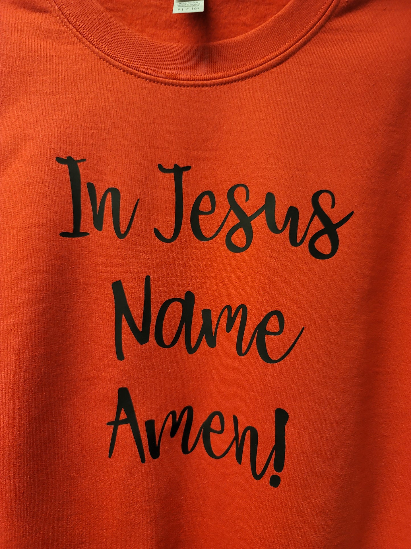 In Jesus Name Amen Red Crew neck black letters