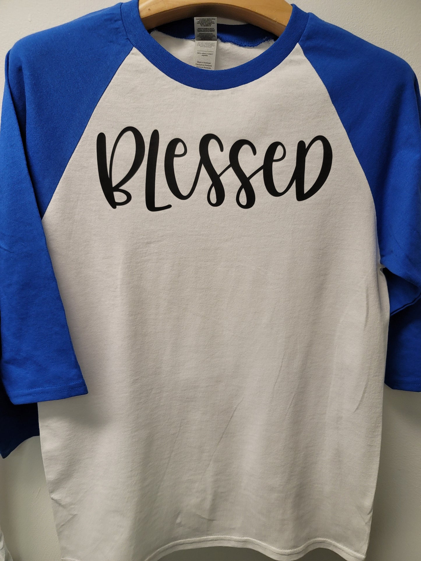 Blessed 3/4 Blue Raglan Sleeve shirt 100% Cotton