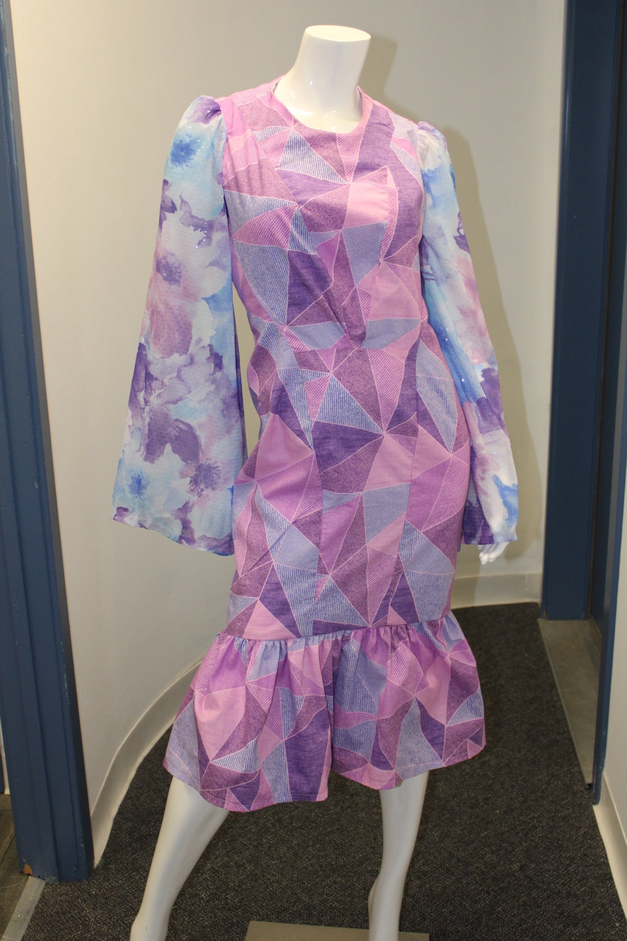 Long sleeve purple mixed fabric dress modest with flounce