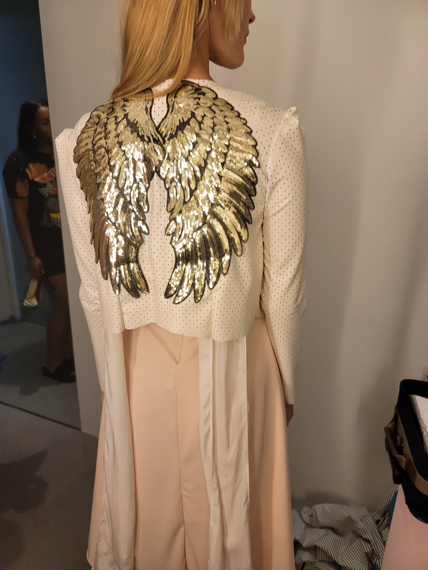 Long flare dress with cropped jacket with angel wings