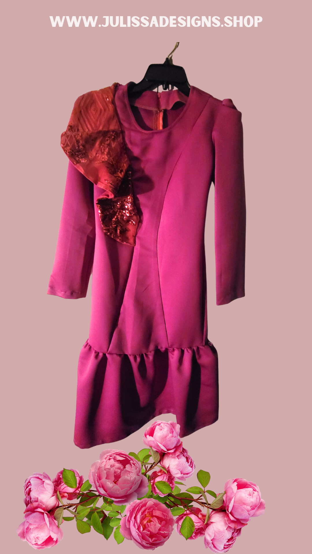Pink dress with flounce and one side detail , JulissaDesigns Spring Collection