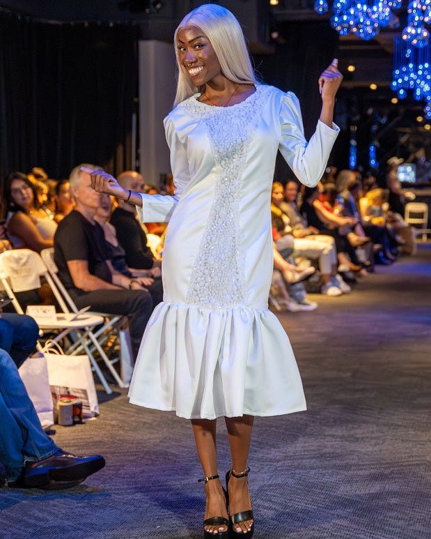 White dress with flounce and beaded center front made by JulissaDesigns