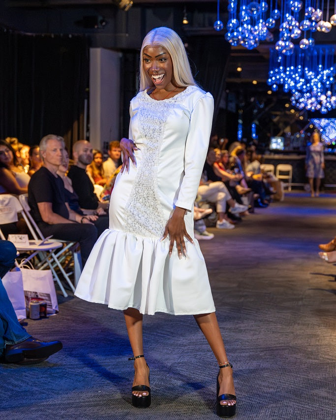White dress with flounce and beaded center front made by JulissaDesigns