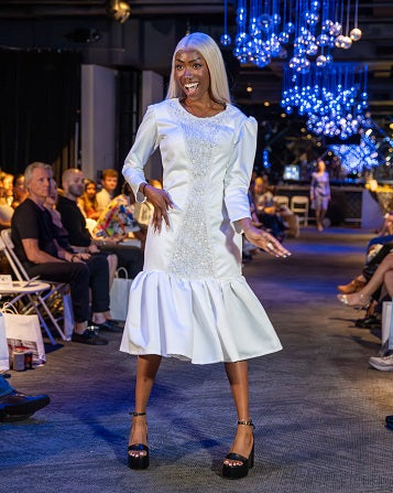 White dress with flounce and beaded center front made by JulissaDesigns