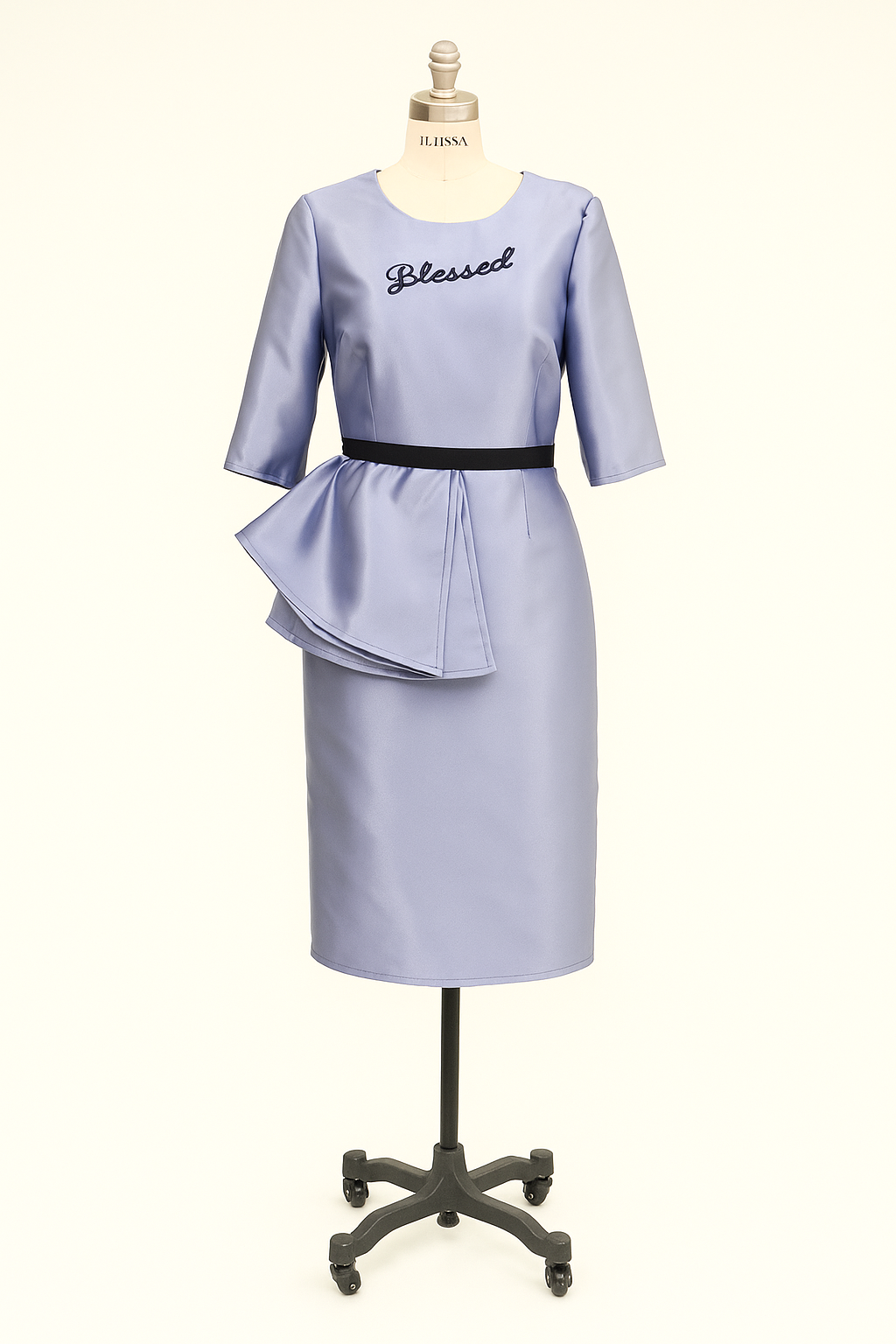 Short sleeve dress with peplum, metallic gray with the words Blessed , made for Spring and Summer 2026 collection