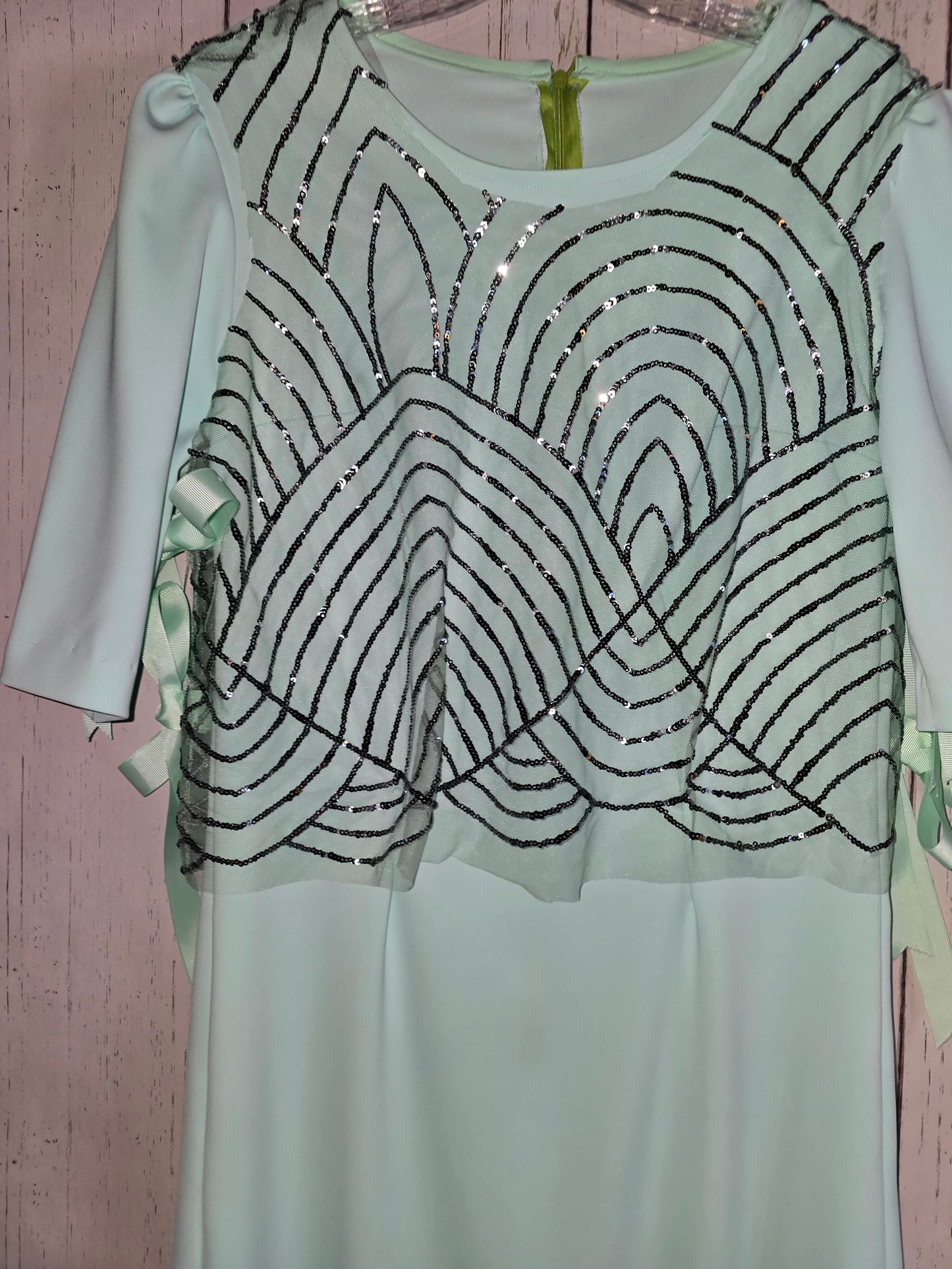 Elegant long green light green dress with 3/4 sleeves made for JulissaDesigns Collection
