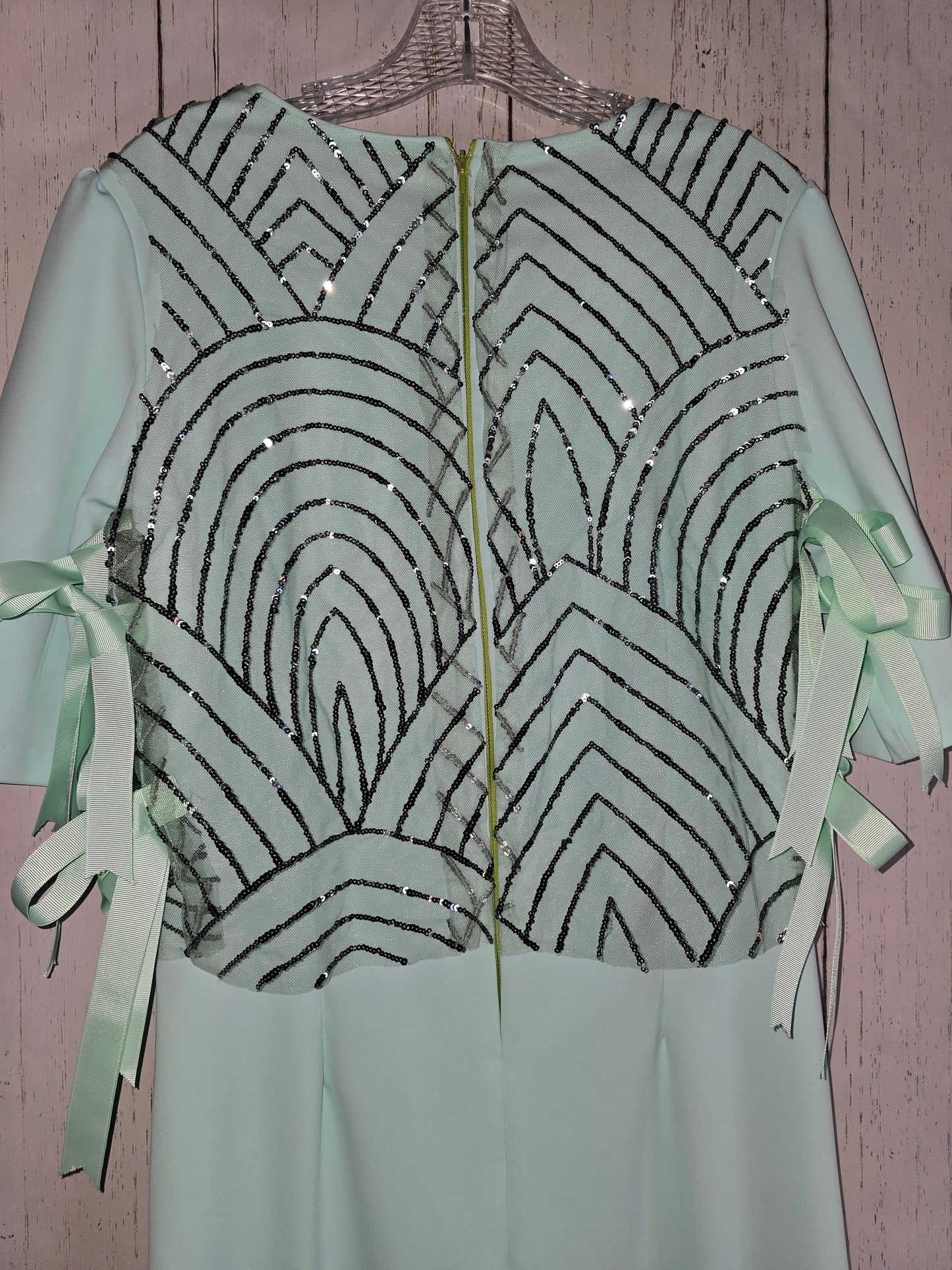 Elegant long green light green dress with 3/4 sleeves made for JulissaDesigns Collection