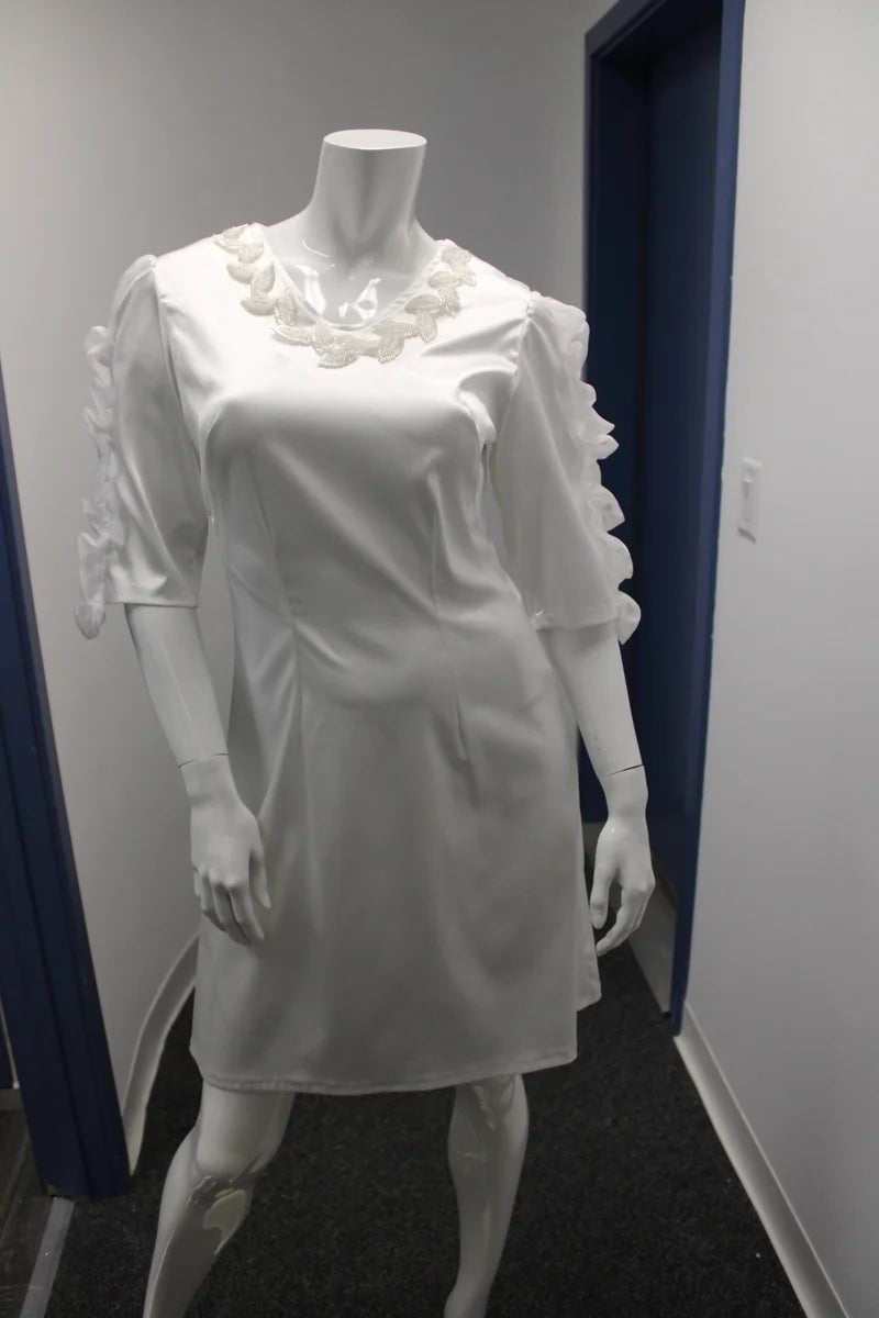 Simple wedding dress , White Embellish V neck 3/5 Sleeve dress - Angelic Beings Collection -