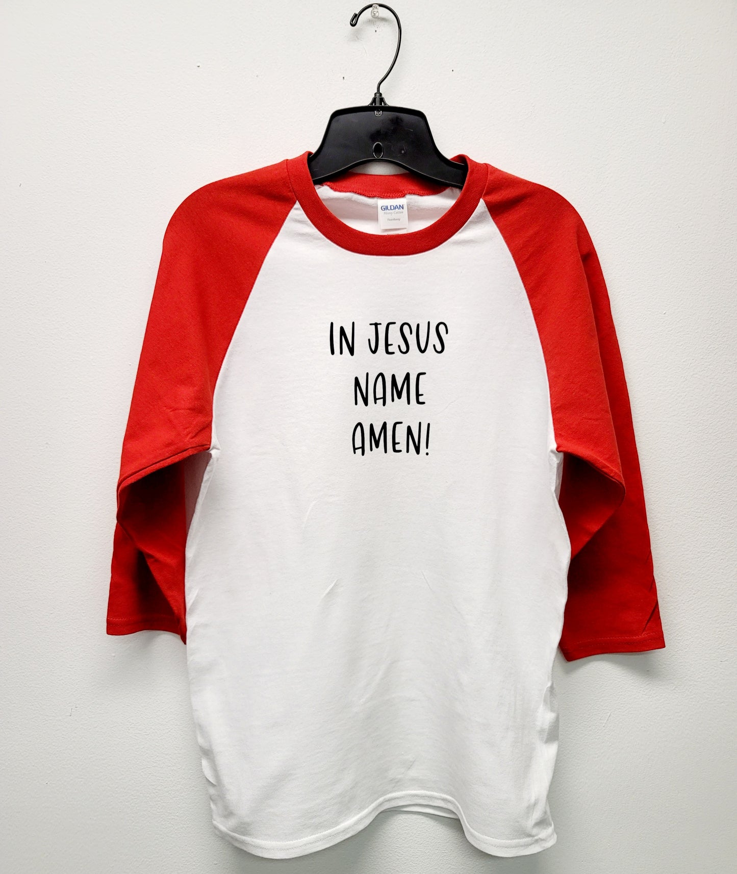 In Jesus name Amen shirt with red raglan sleeve