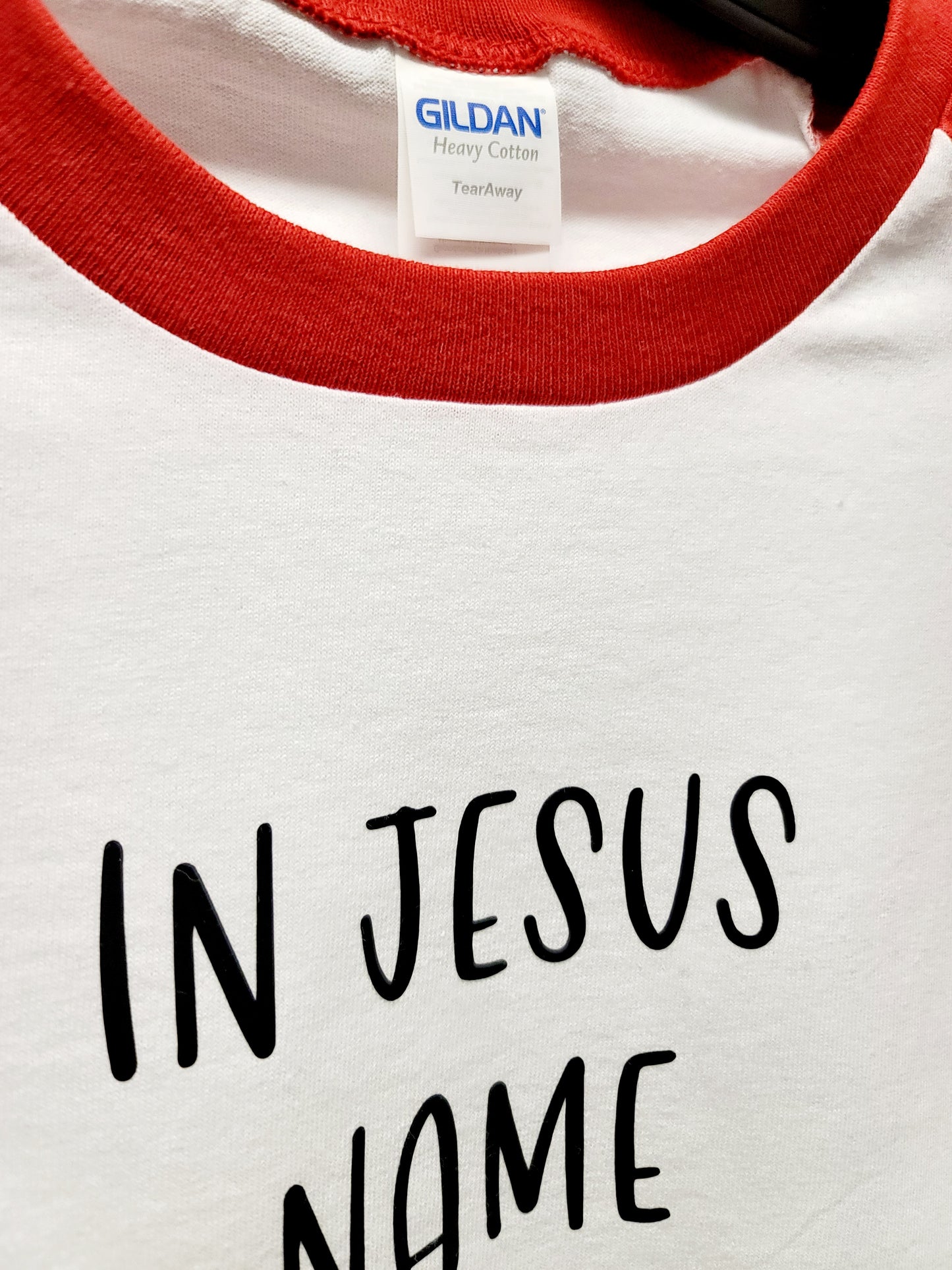 In Jesus name Amen shirt with red raglan sleeve
