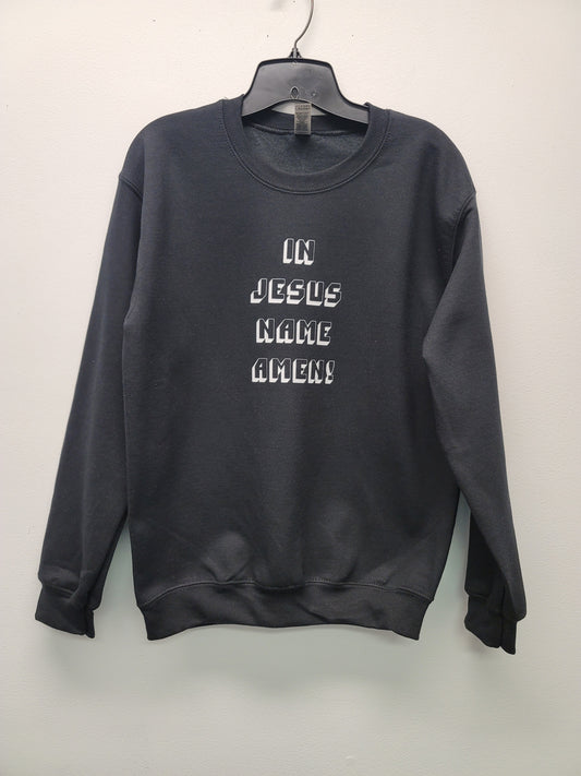 In Jesus name crew neck sweater with block letters