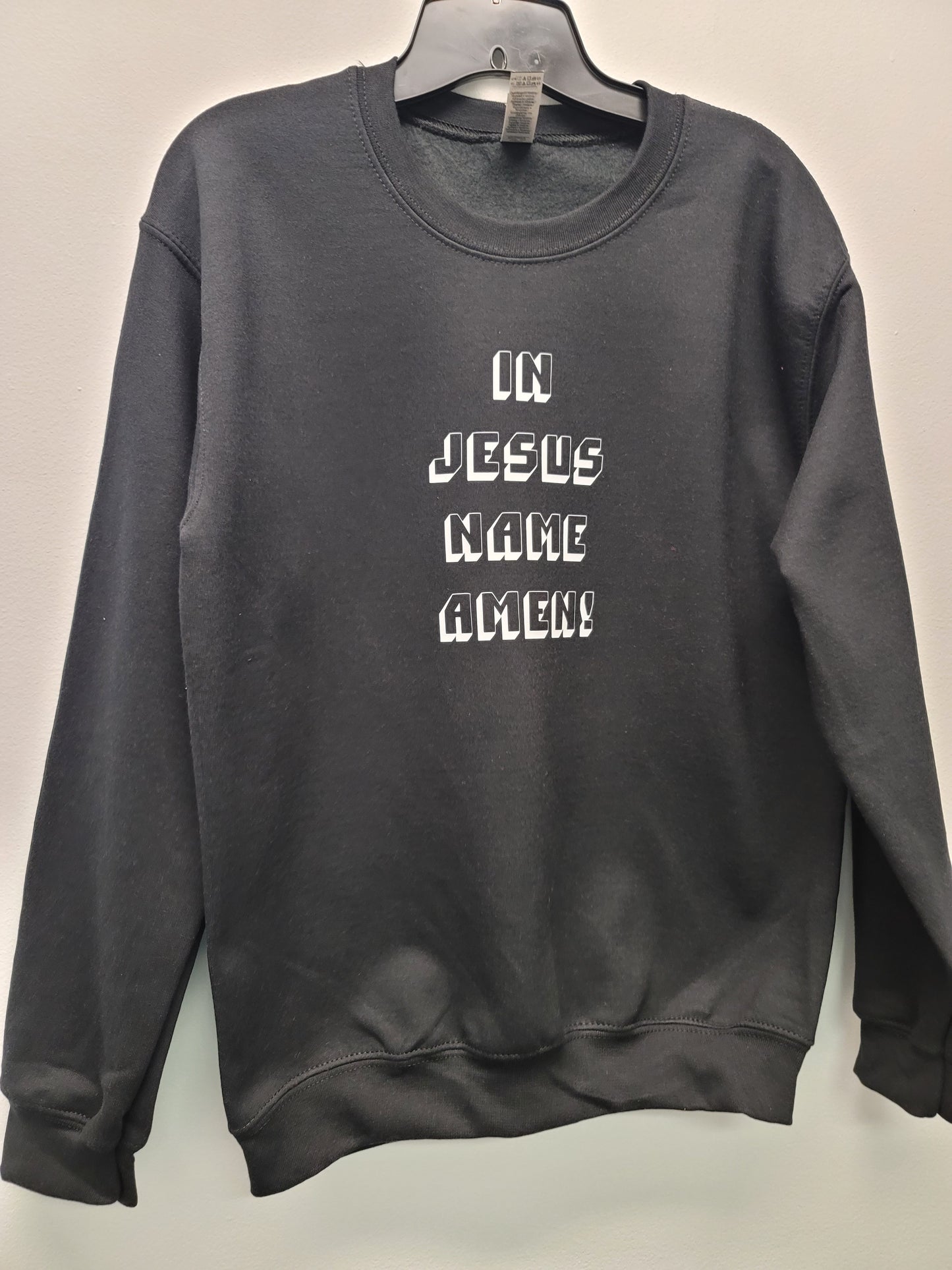 In Jesus name crew neck sweater with block letters