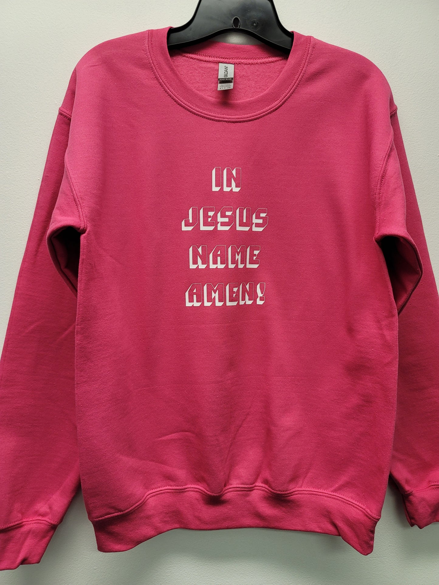 In Jesus Name Pink long sleeve crew neck sweater by JulissaDesigns