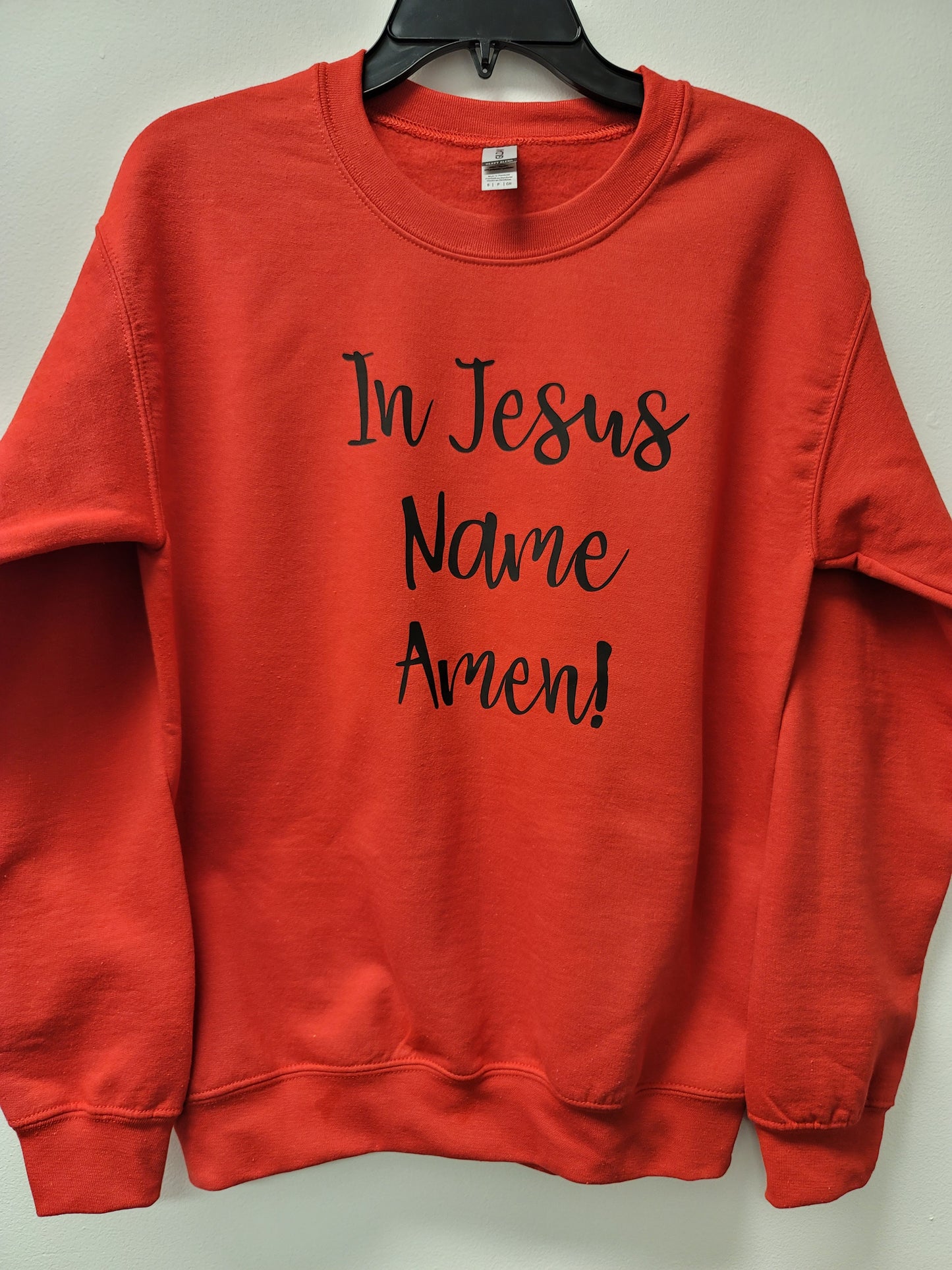 In Jesus Name Amen Red Crew neck black letters
