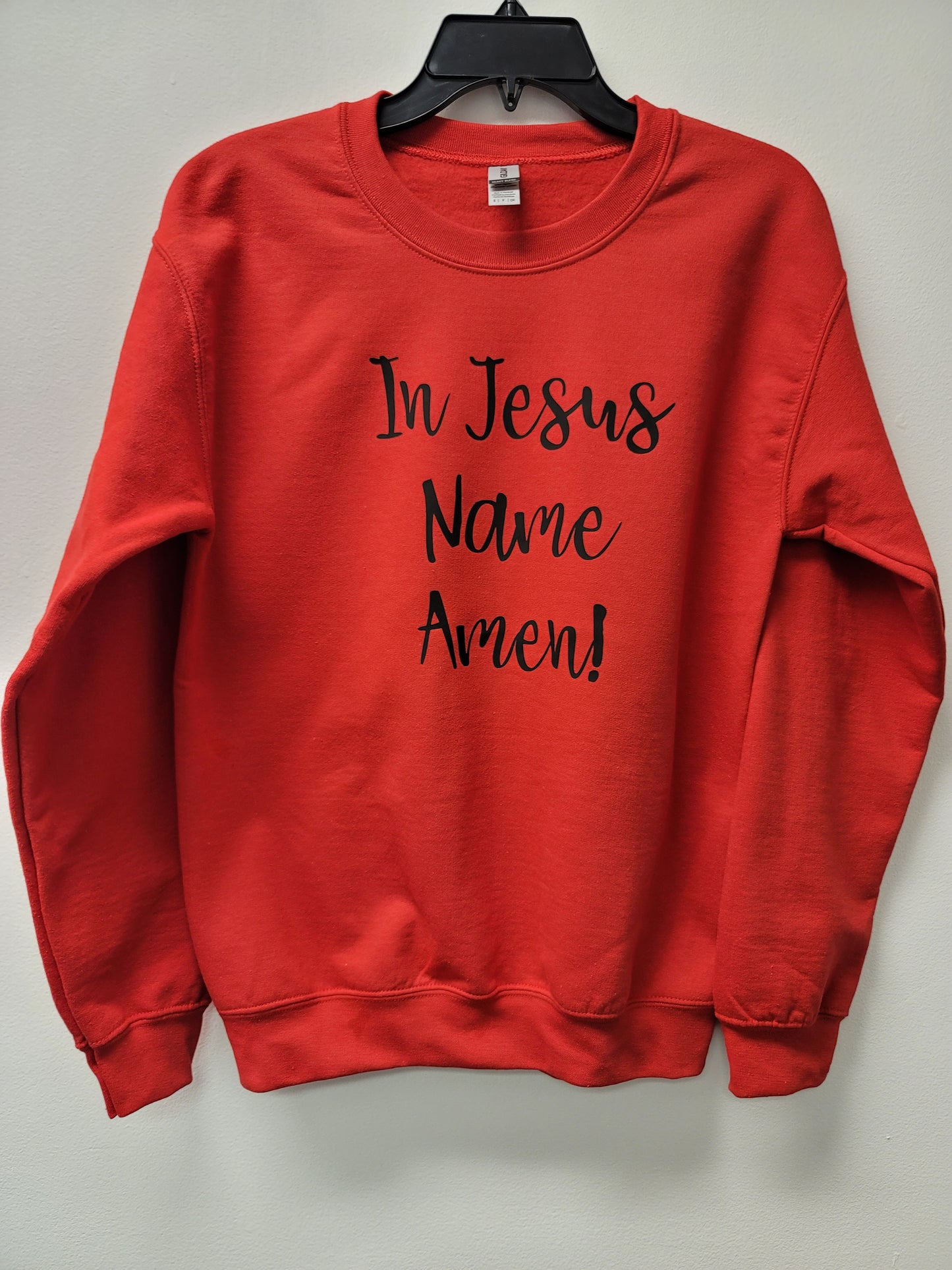 In Jesus Name Amen Red Crew neck black letters