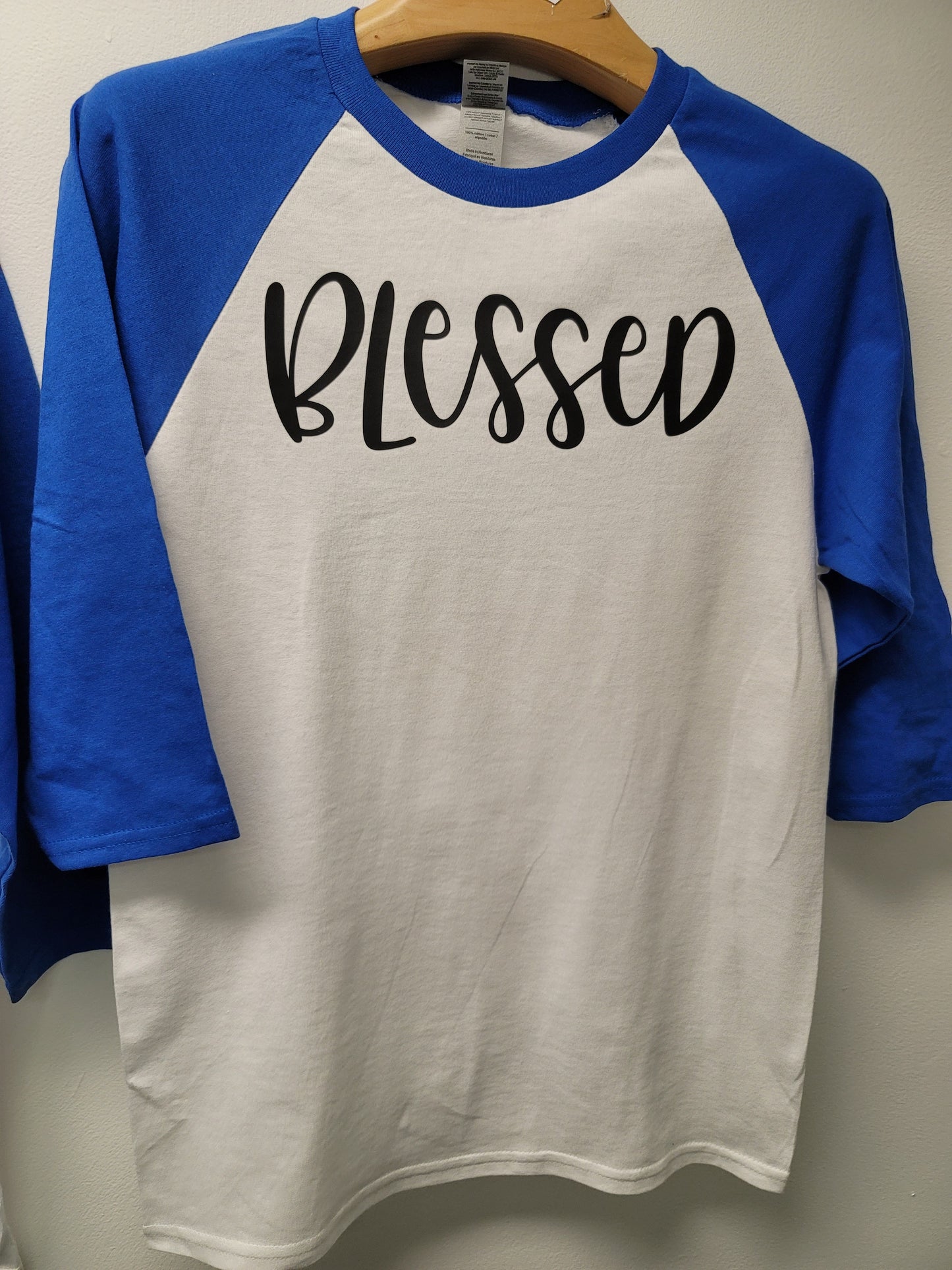 Blessed 3/4 Blue Raglan Sleeve shirt 100% Cotton