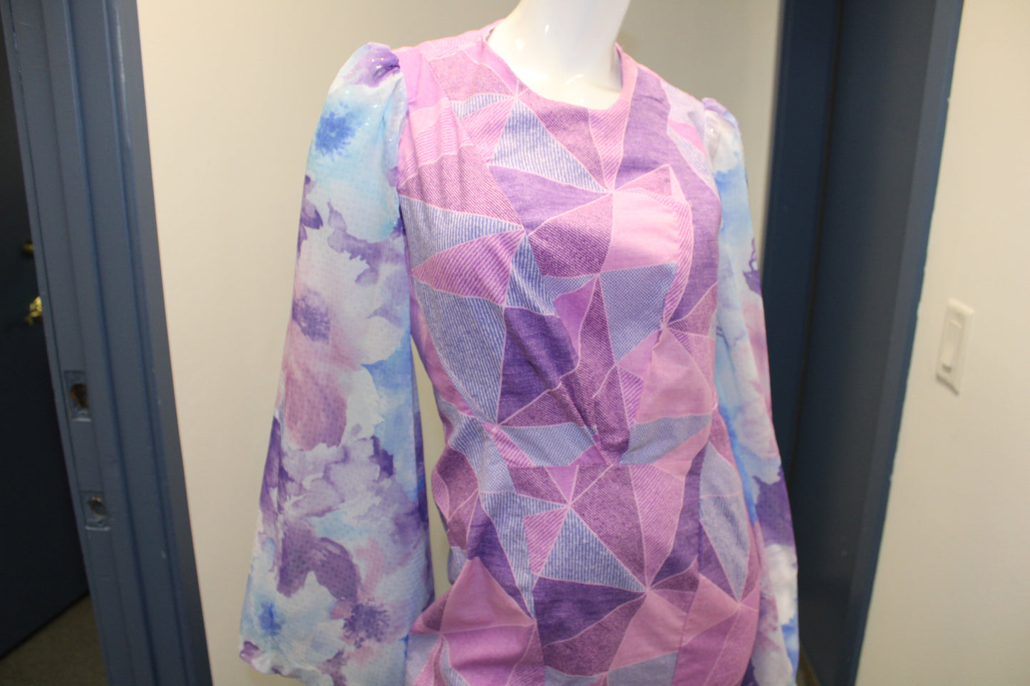 Long sleeve purple mixed fabric dress modest with flounce