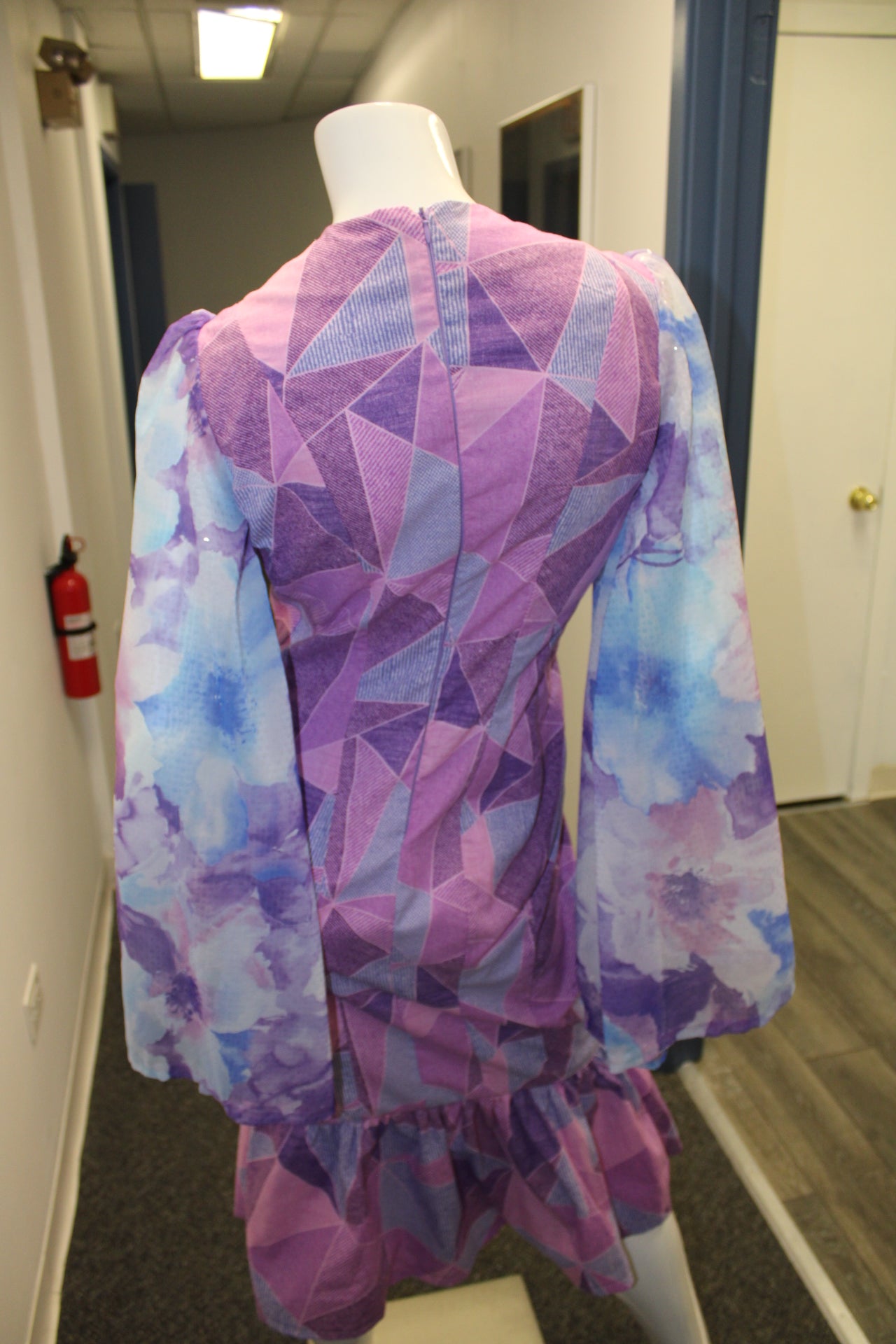 Long sleeve purple mixed fabric dress modest with flounce