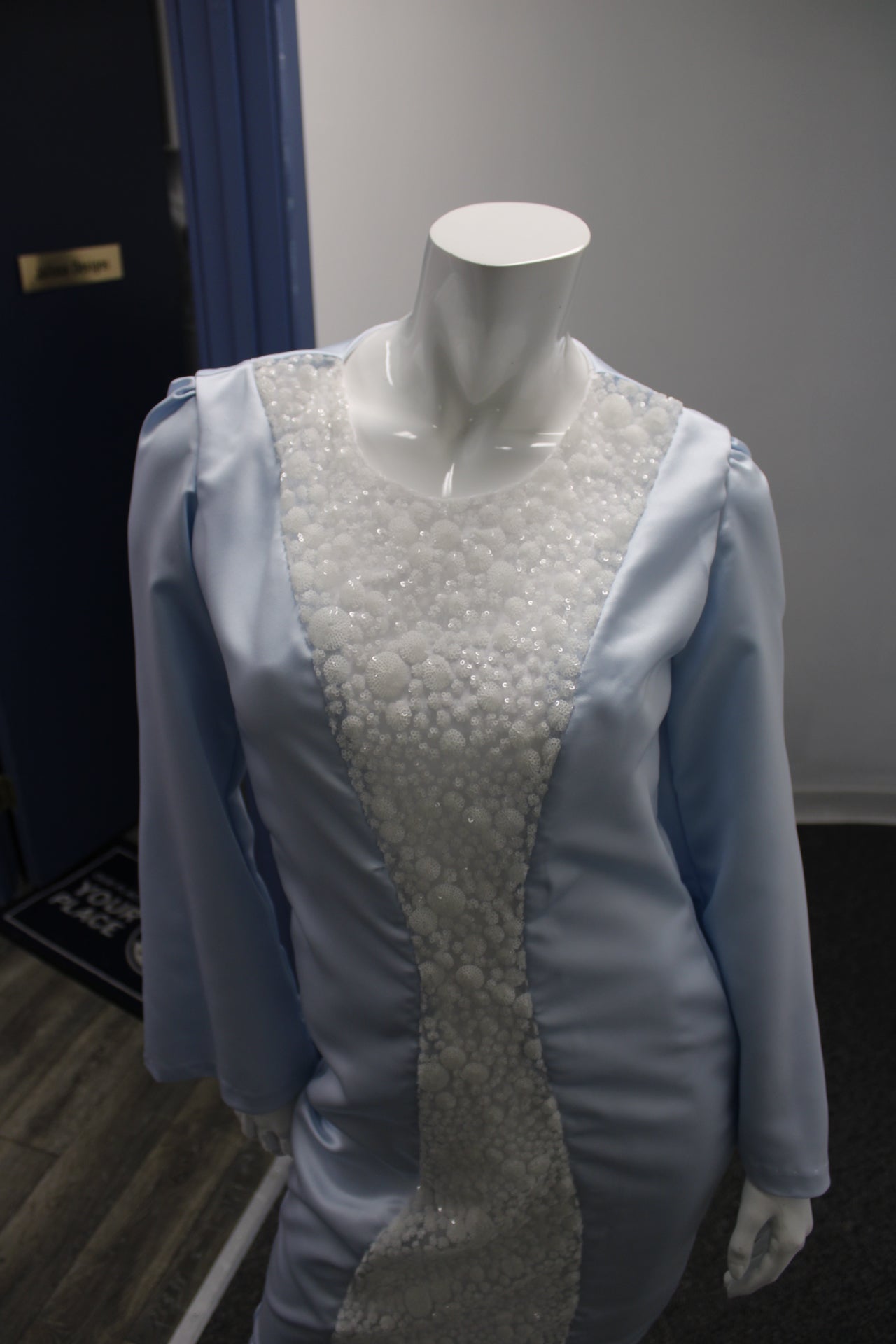 Modest Dress Light Blue bell sleeve fitted dress with beads center line