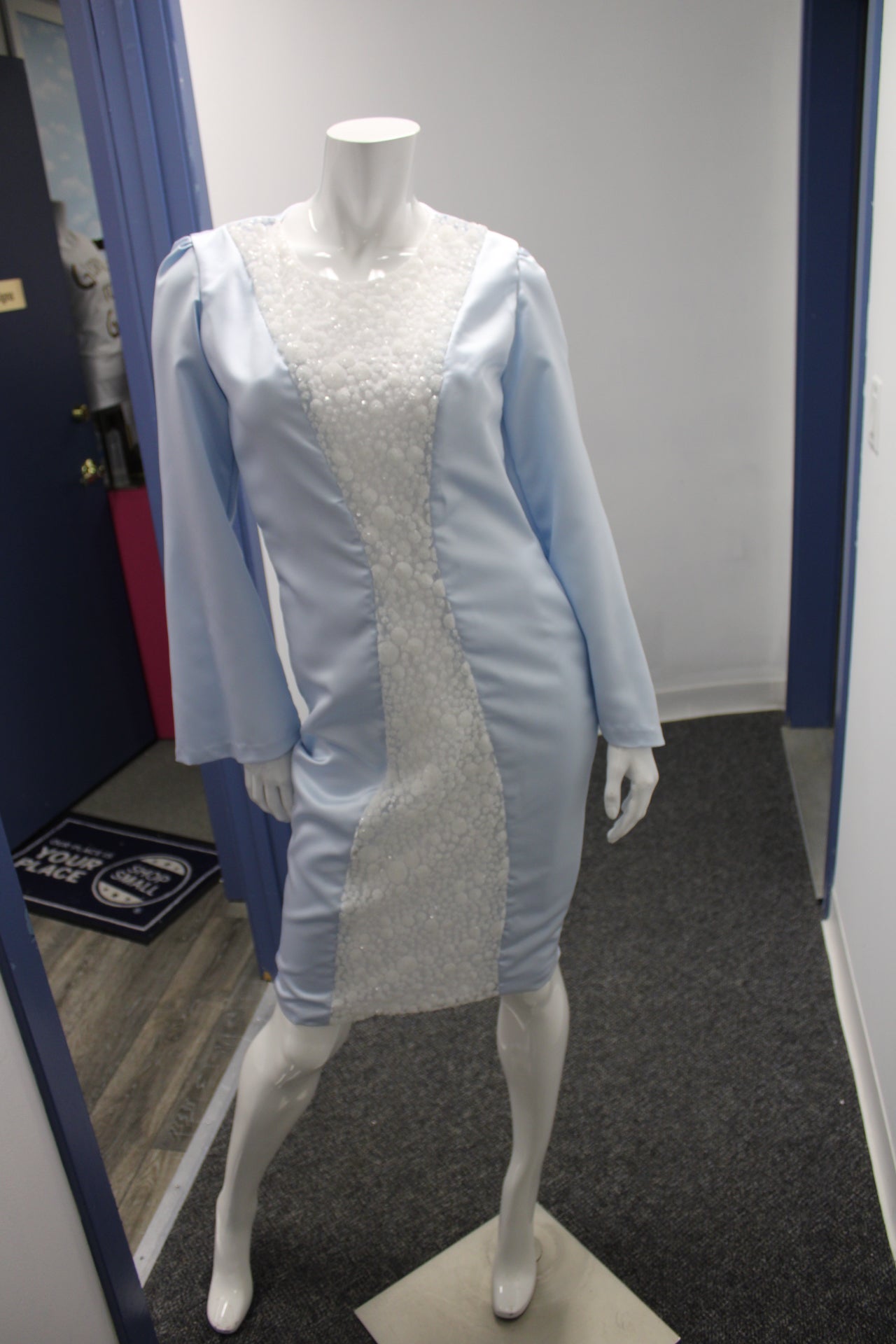 Modest Dress Light Blue bell sleeve fitted dress with beads center line
