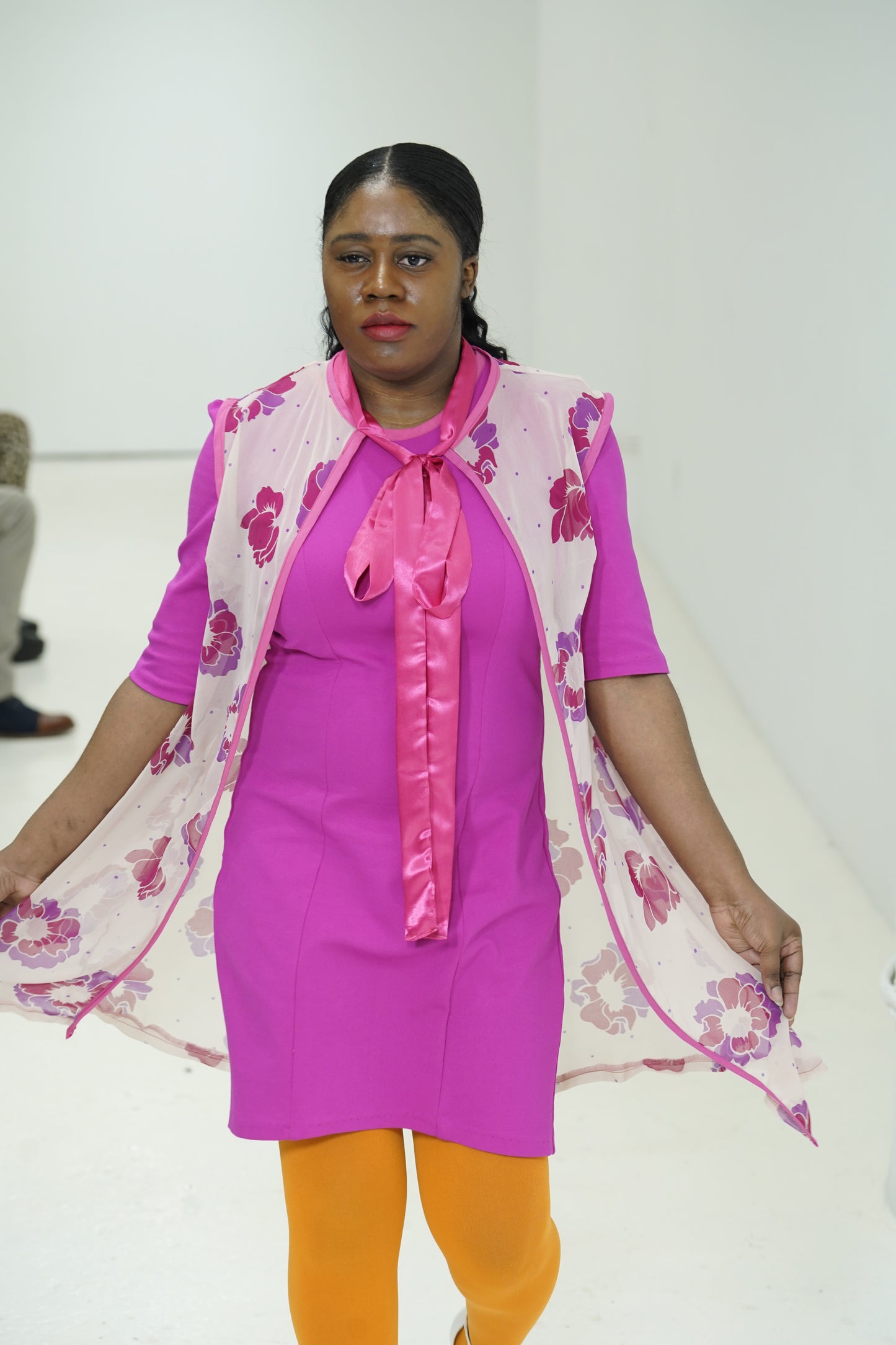 Pink dress with sleeves and floral vest made by JulissaDesigns