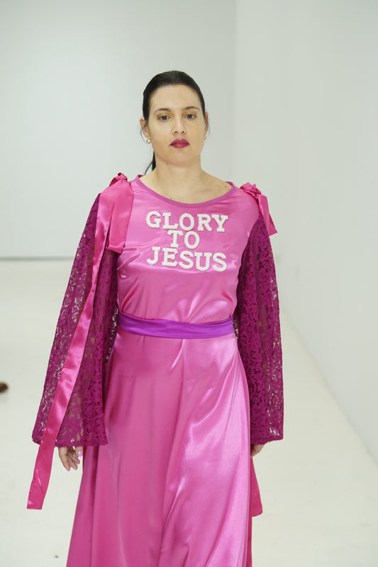 Glory to Jesus long Pink Silky dress with lace sleeves and ribbons