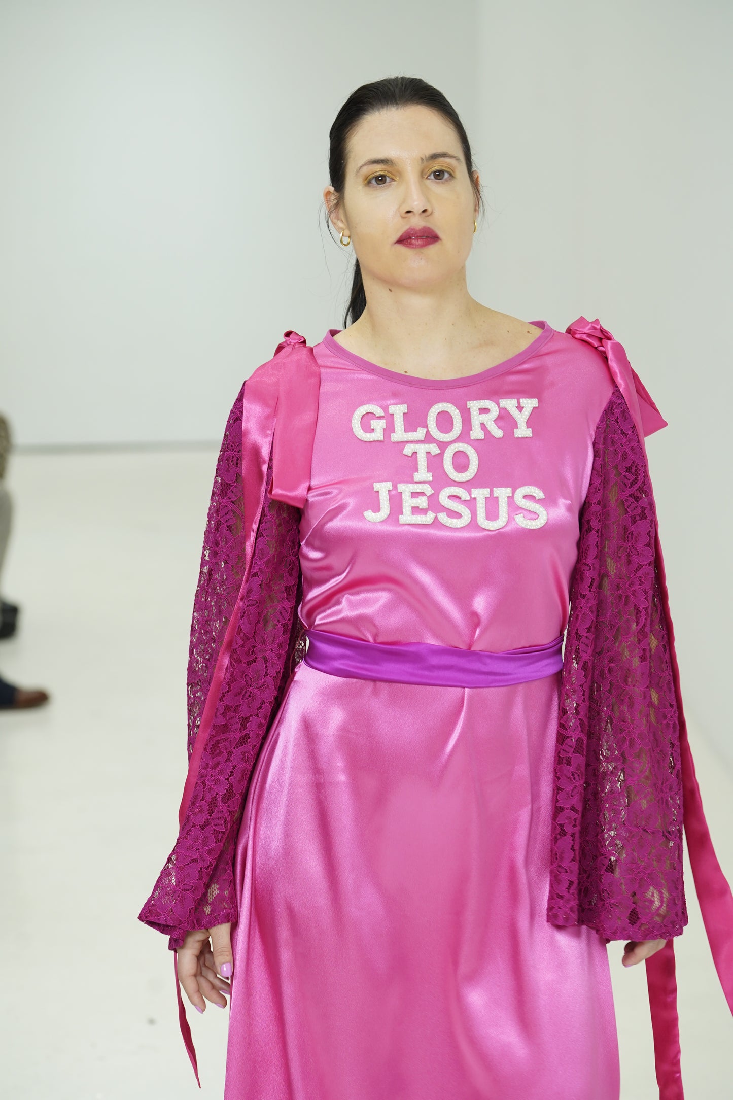 Glory to Jesus long Pink Silky dress with lace sleeves and ribbons