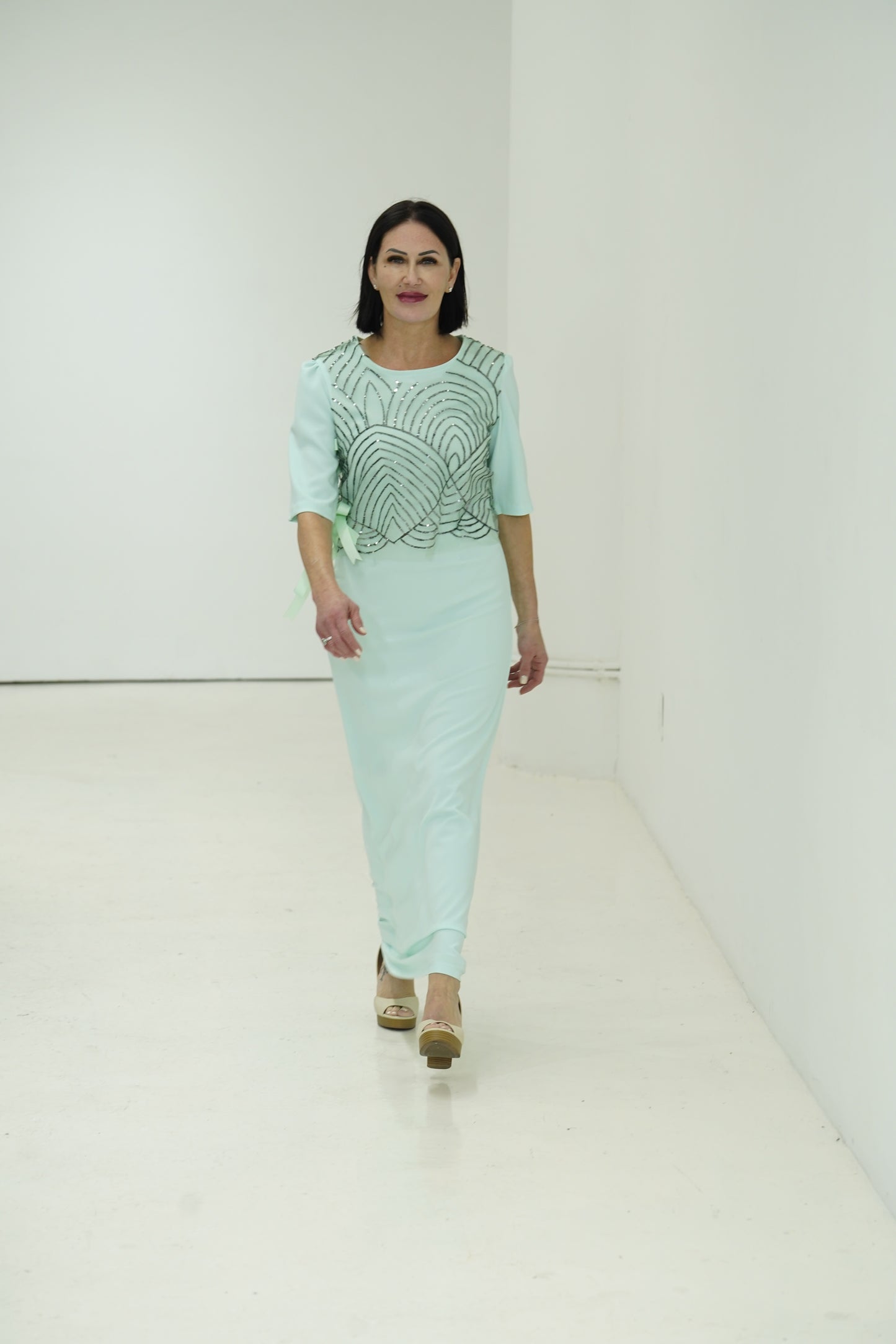 Elegant long green light green dress with 3/4 sleeves made for JulissaDesigns Collection