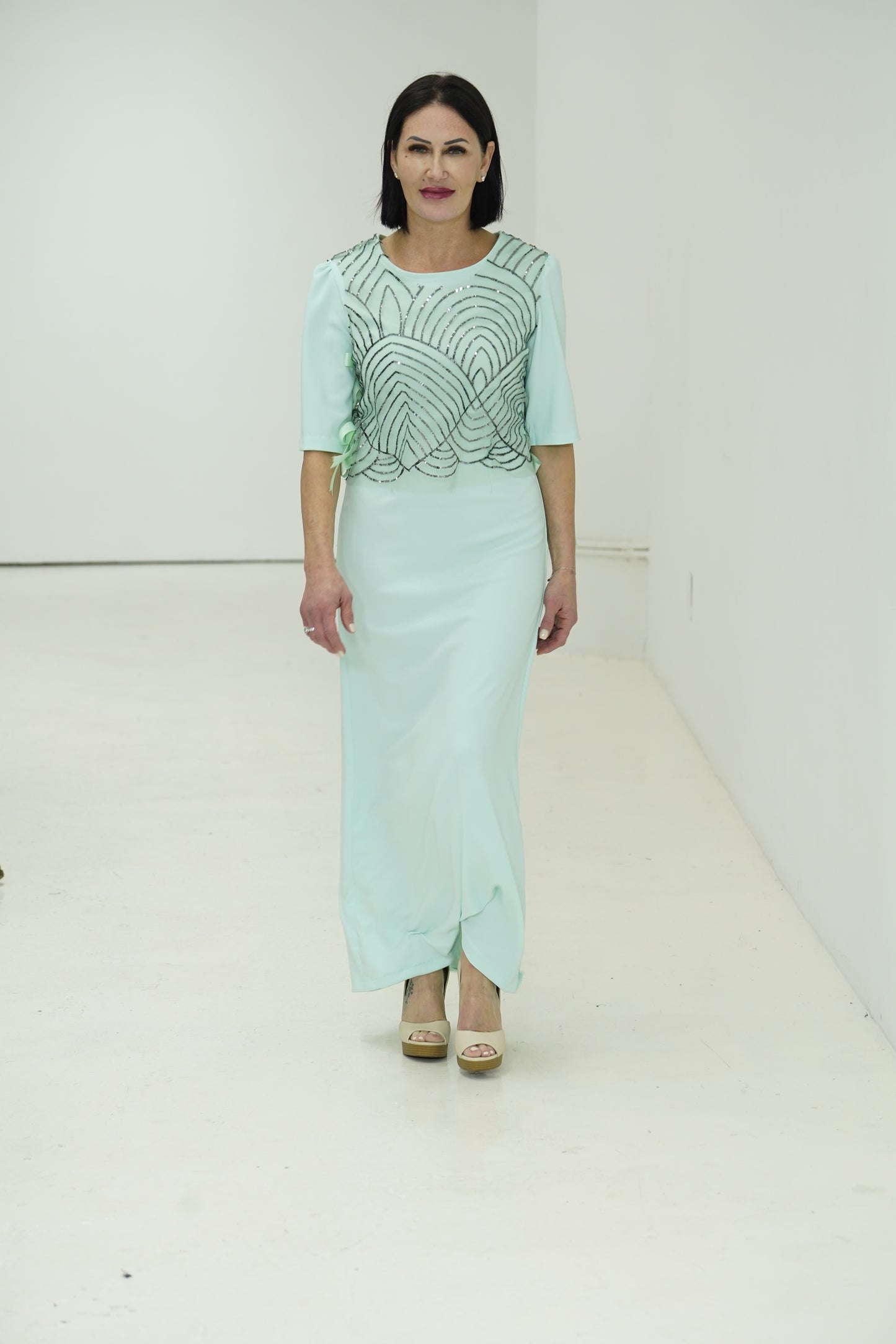 Elegant long green light green dress with 3/4 sleeves made for JulissaDesigns Collection