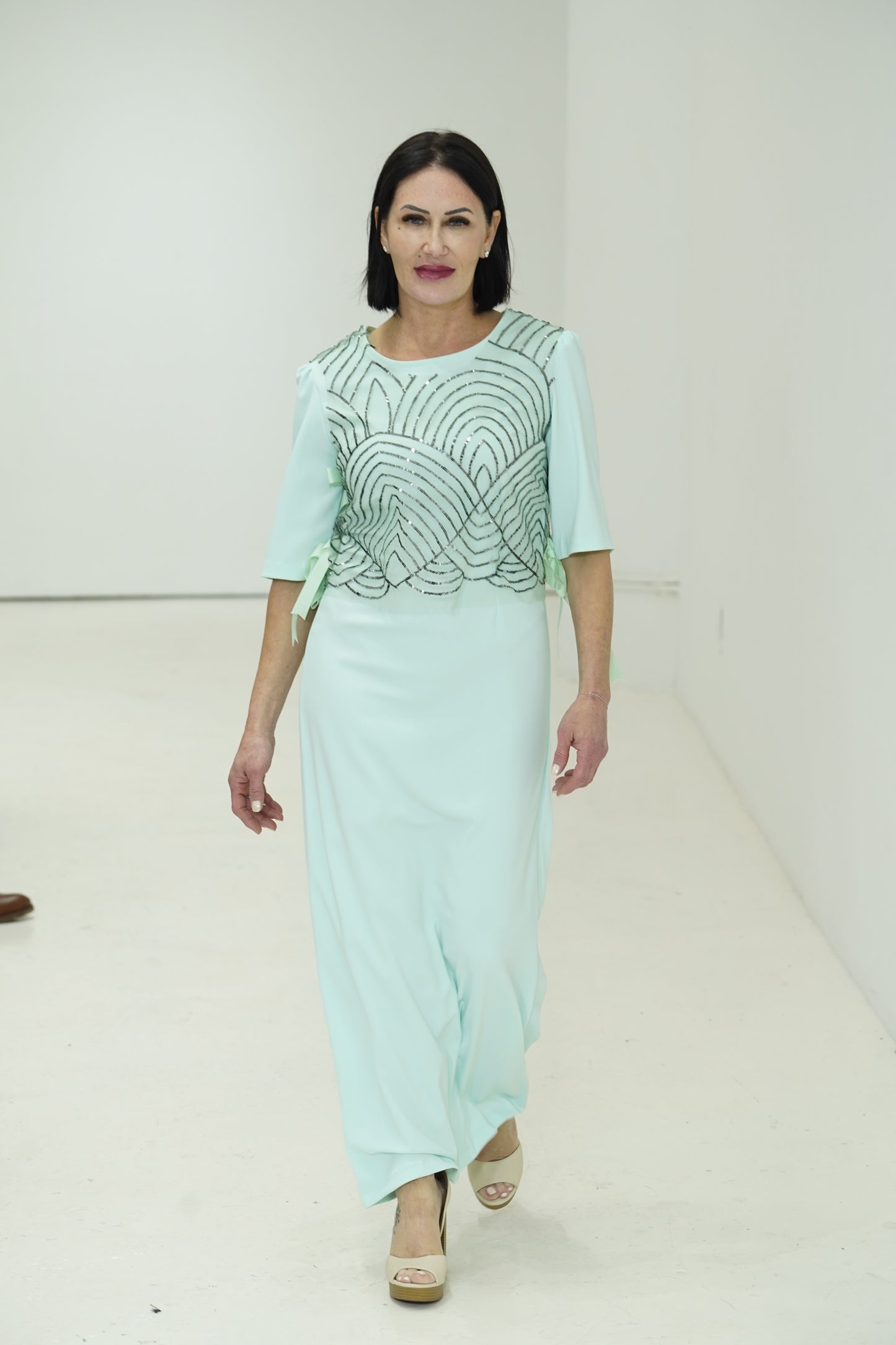 Elegant long green light green dress with 3/4 sleeves made for JulissaDesigns Collection