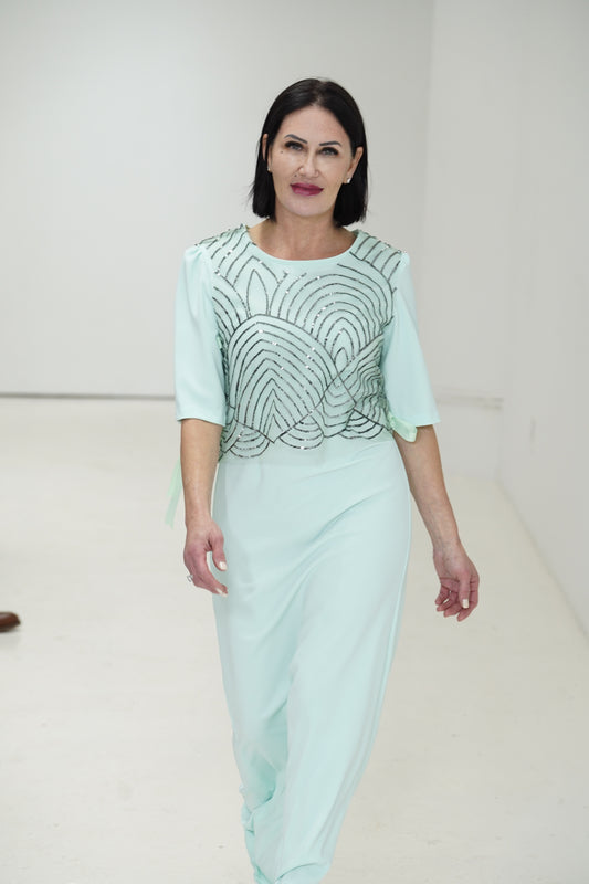 Elegant long green light green dress with 3/4 sleeves made for JulissaDesigns Collection