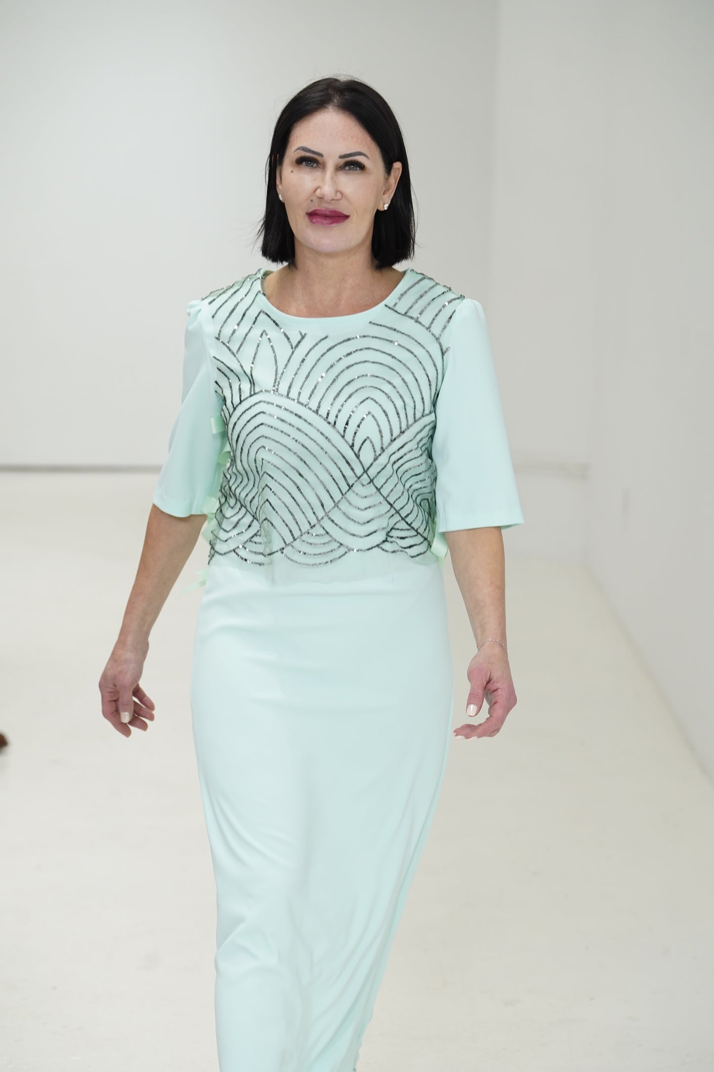 Elegant long green light green dress with 3/4 sleeves made for JulissaDesigns Collection