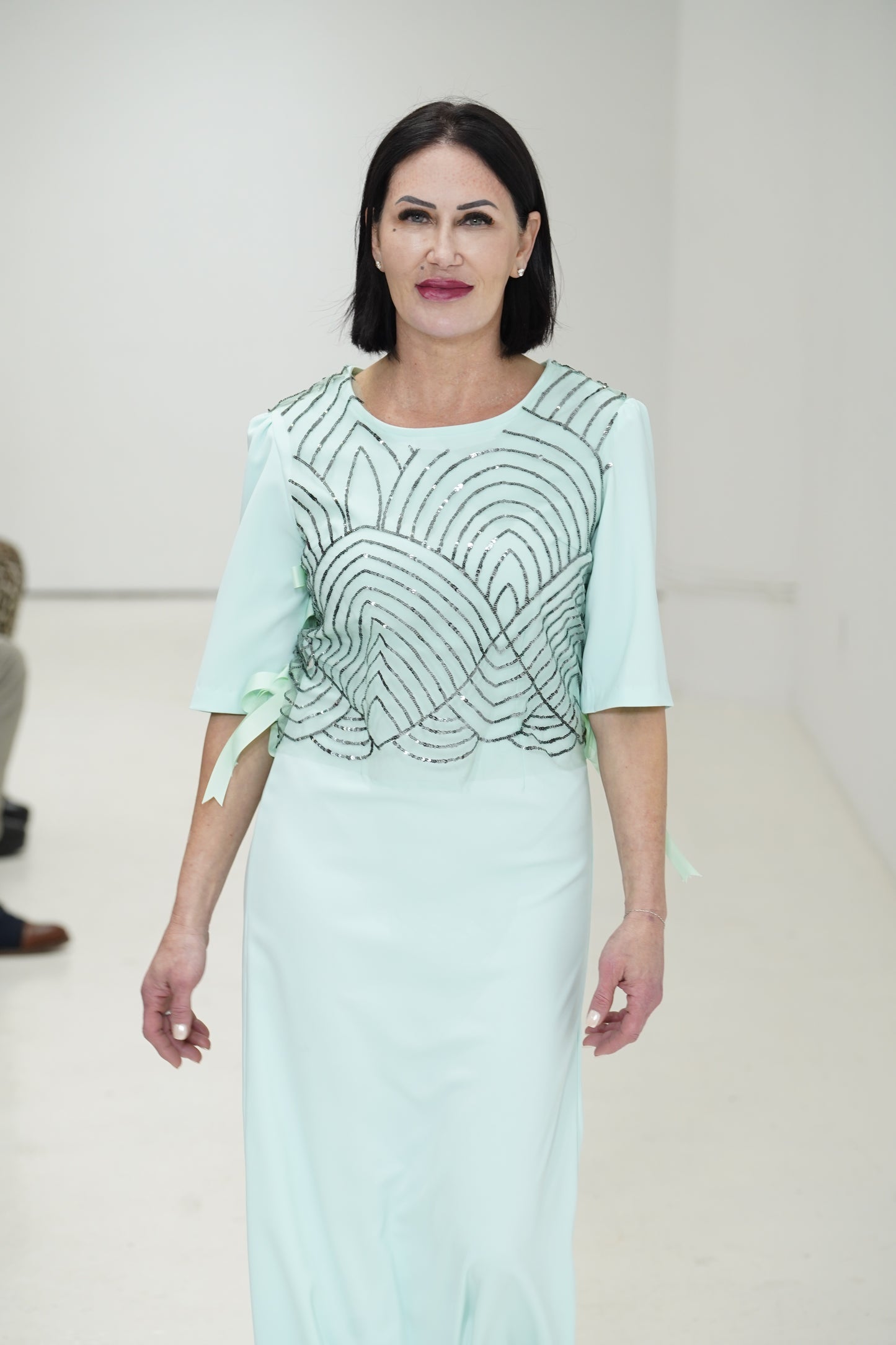 Elegant long green light green dress with 3/4 sleeves made for JulissaDesigns Collection