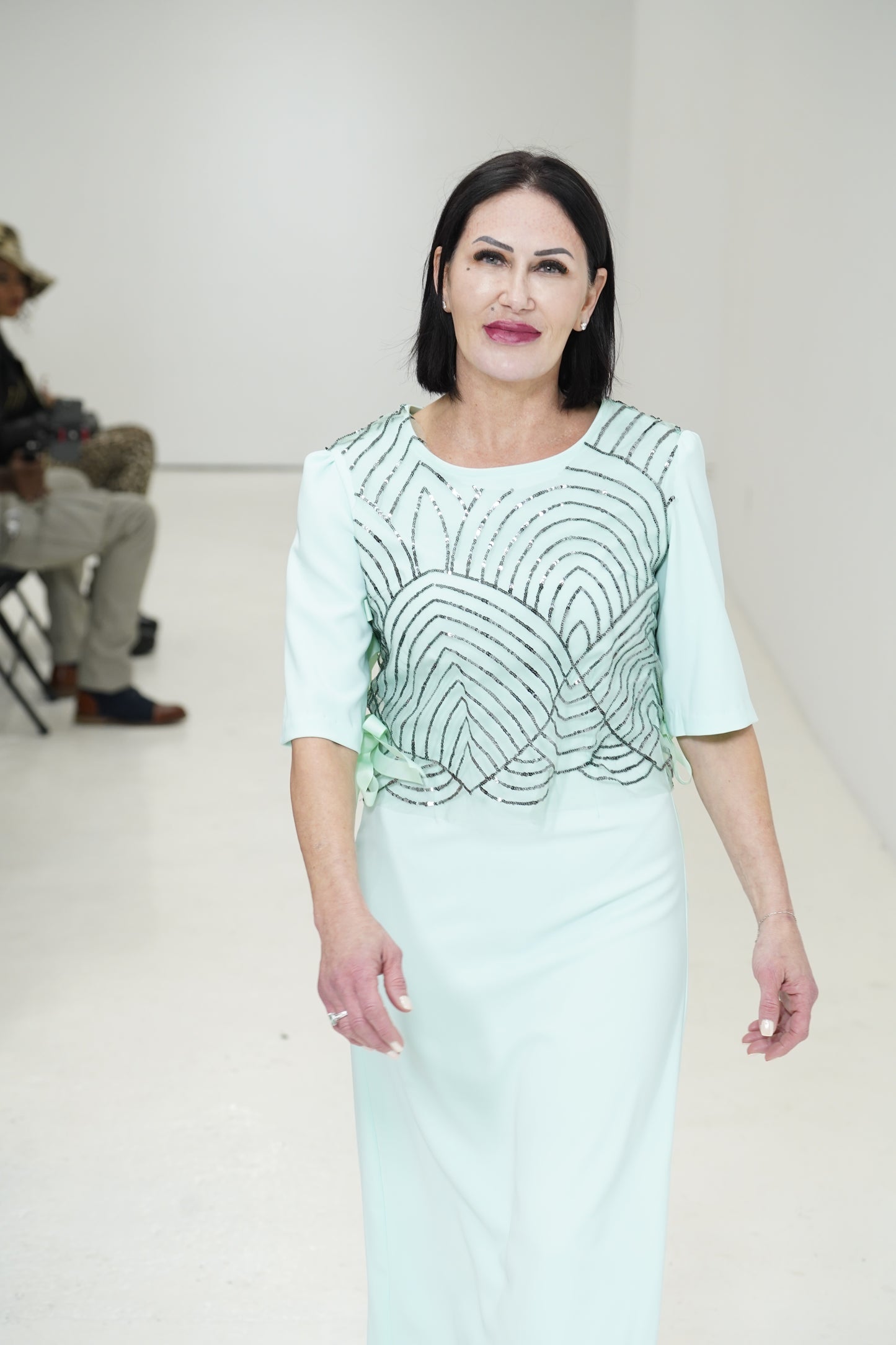 Elegant long green light green dress with 3/4 sleeves made for JulissaDesigns Collection