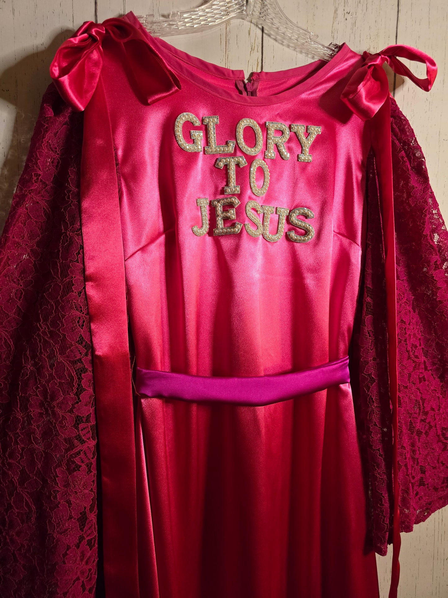 Glory to Jesus long Pink Silky dress with lace sleeves and ribbons