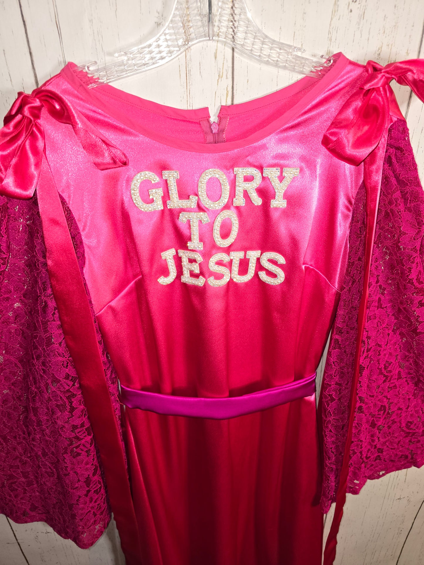 Glory to Jesus long Pink Silky dress with lace sleeves and ribbons