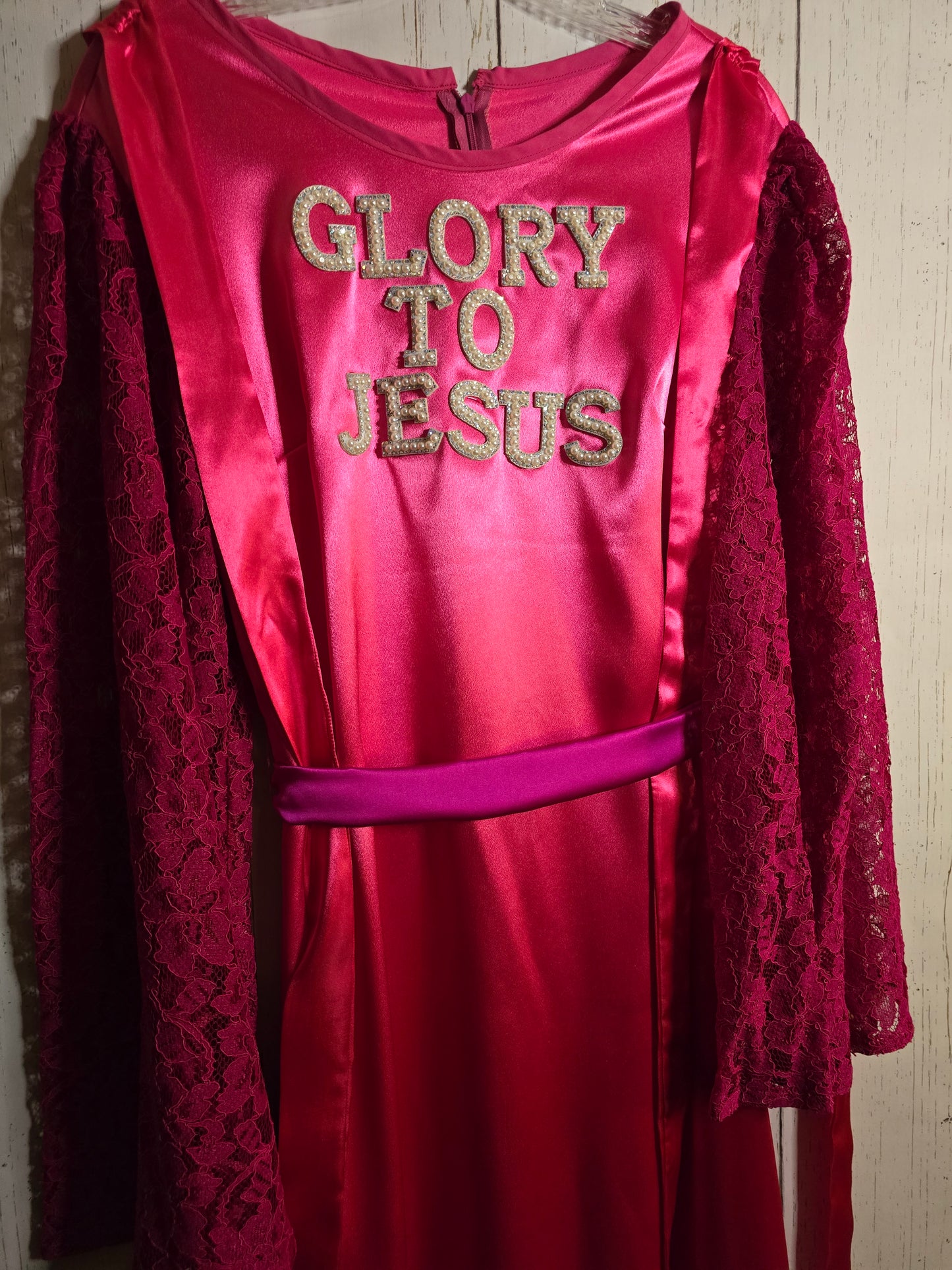 Glory to Jesus long Pink Silky dress with lace sleeves and ribbons