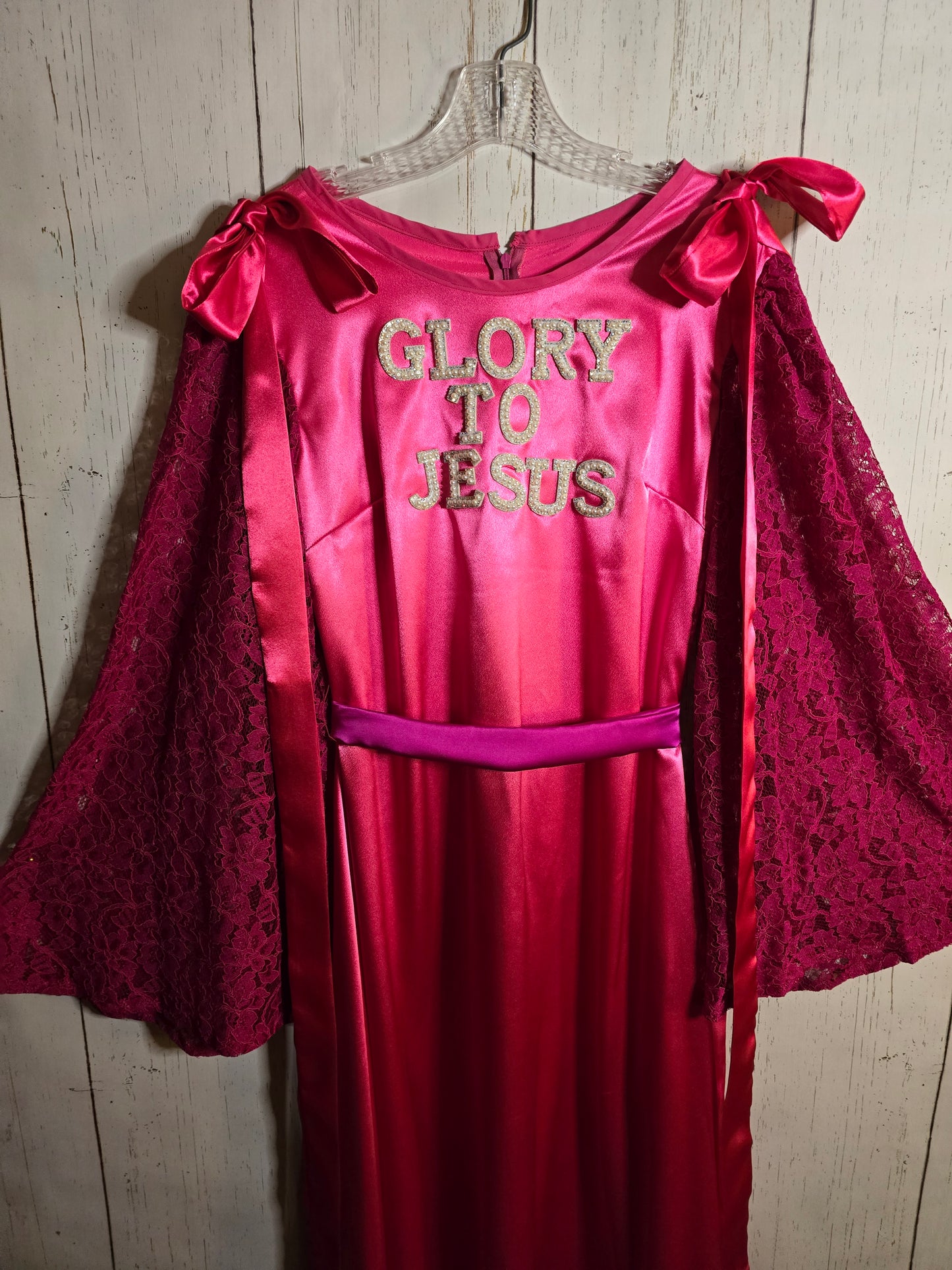 Glory to Jesus long Pink Silky dress with lace sleeves and ribbons